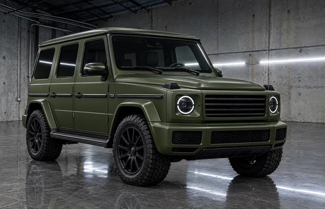 Military green full-body vinyl wrap on a Mercedes-Benz G-Wagon in Houston, Texas. Premium matte cast wrap installation and precision boxy panel edge relief for high-end off-road SUVs.