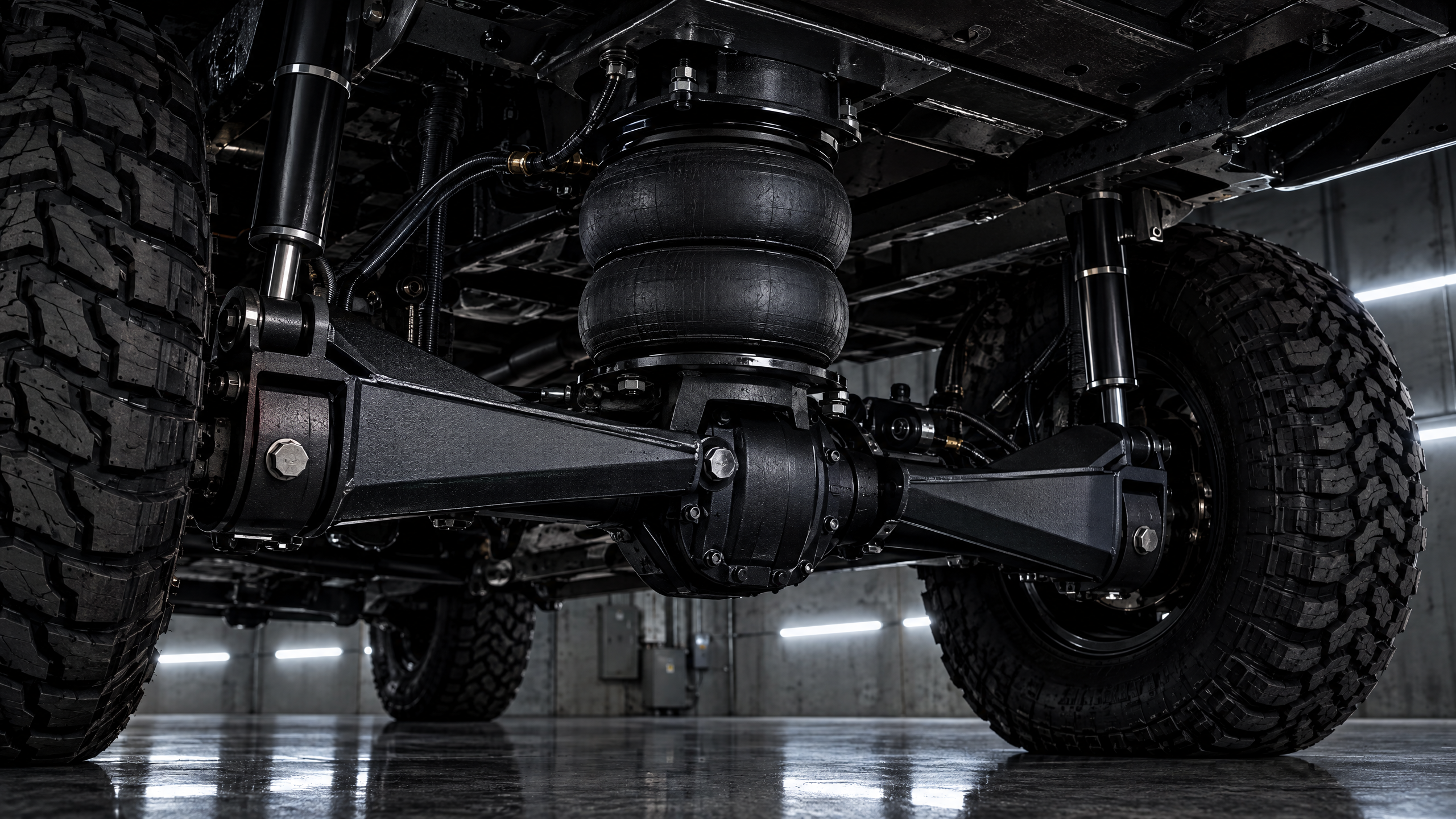 Heavy-duty air suspension system and towing helper bags installed on a lifted 4x4 truck in Houston. Custom off-road air ride setups compatible with leading brands like Kelderman, Air Lift, and Firestone.