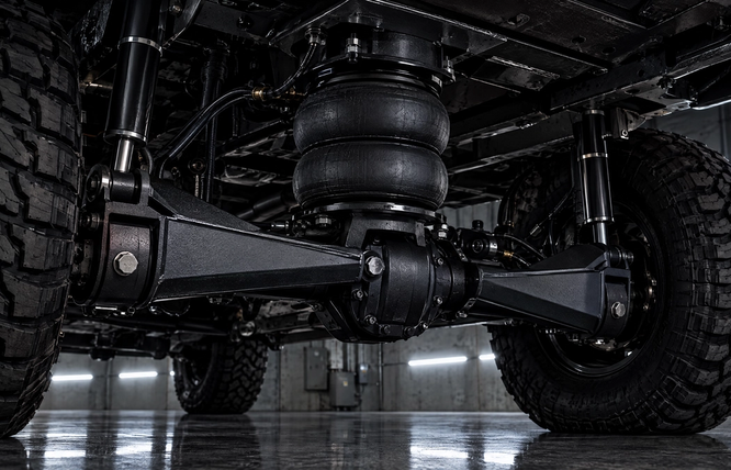 Heavy-duty air suspension system and towing helper bags installed on a lifted 4x4 truck in Houston. Custom off-road air ride setups compatible with leading brands like Kelderman, Air Lift, and Firestone.
