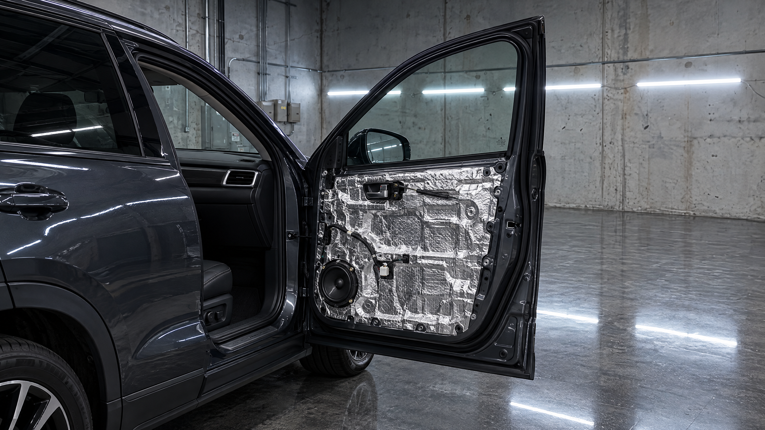 Automotive sound deadening and acoustic dampening installation in Houston. High-grade foil-backed butyl door panel treatment to stop panel vibration and road noise for luxury cars and trucks in Texas.