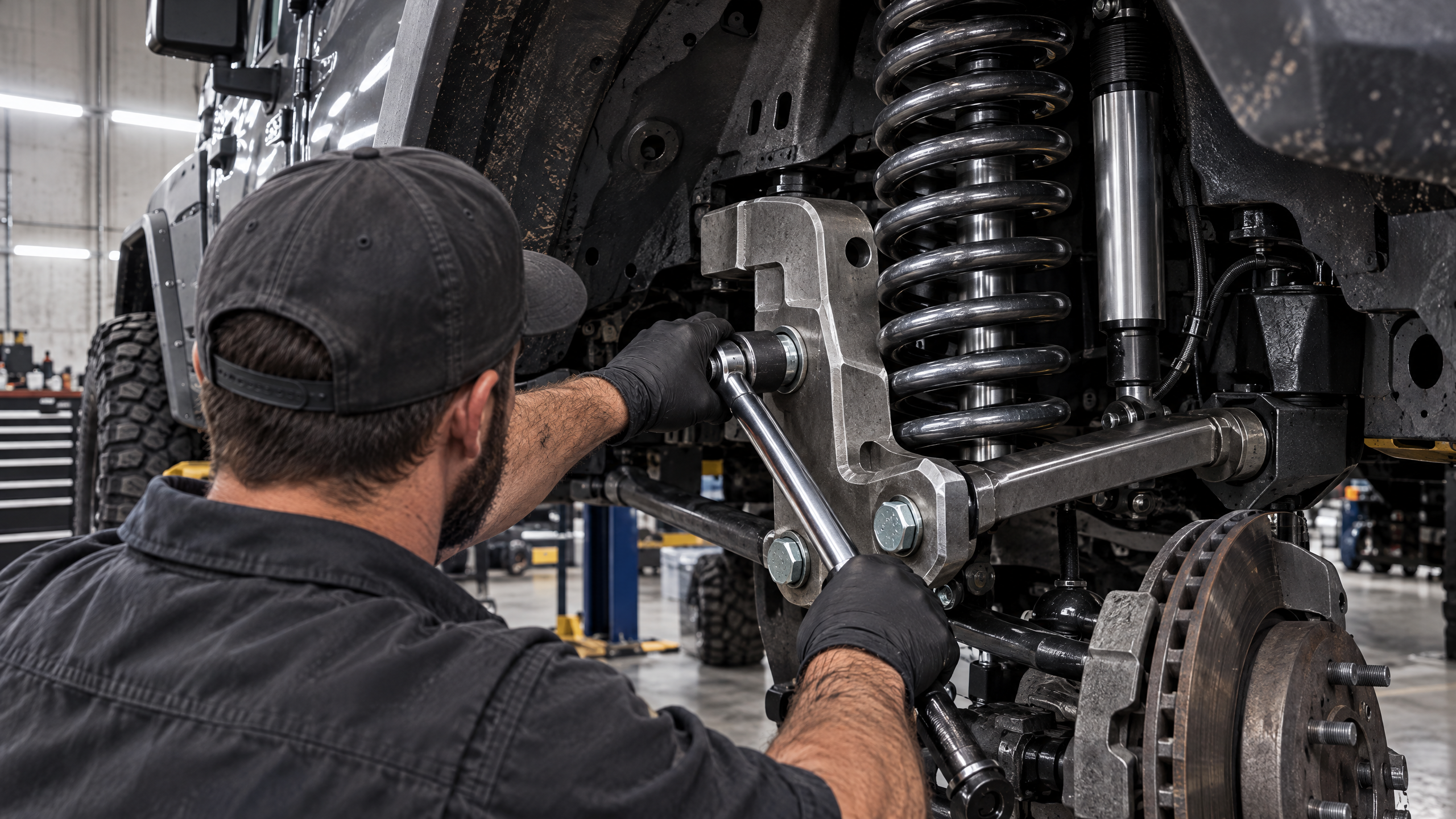 Professional off-road lift kit and suspension installation for a Jeep in Houston, Texas. Expert fitting of heavy-duty drop brackets and springs from top brands including BDS Suspension, Carli Suspension, and Rough Country.