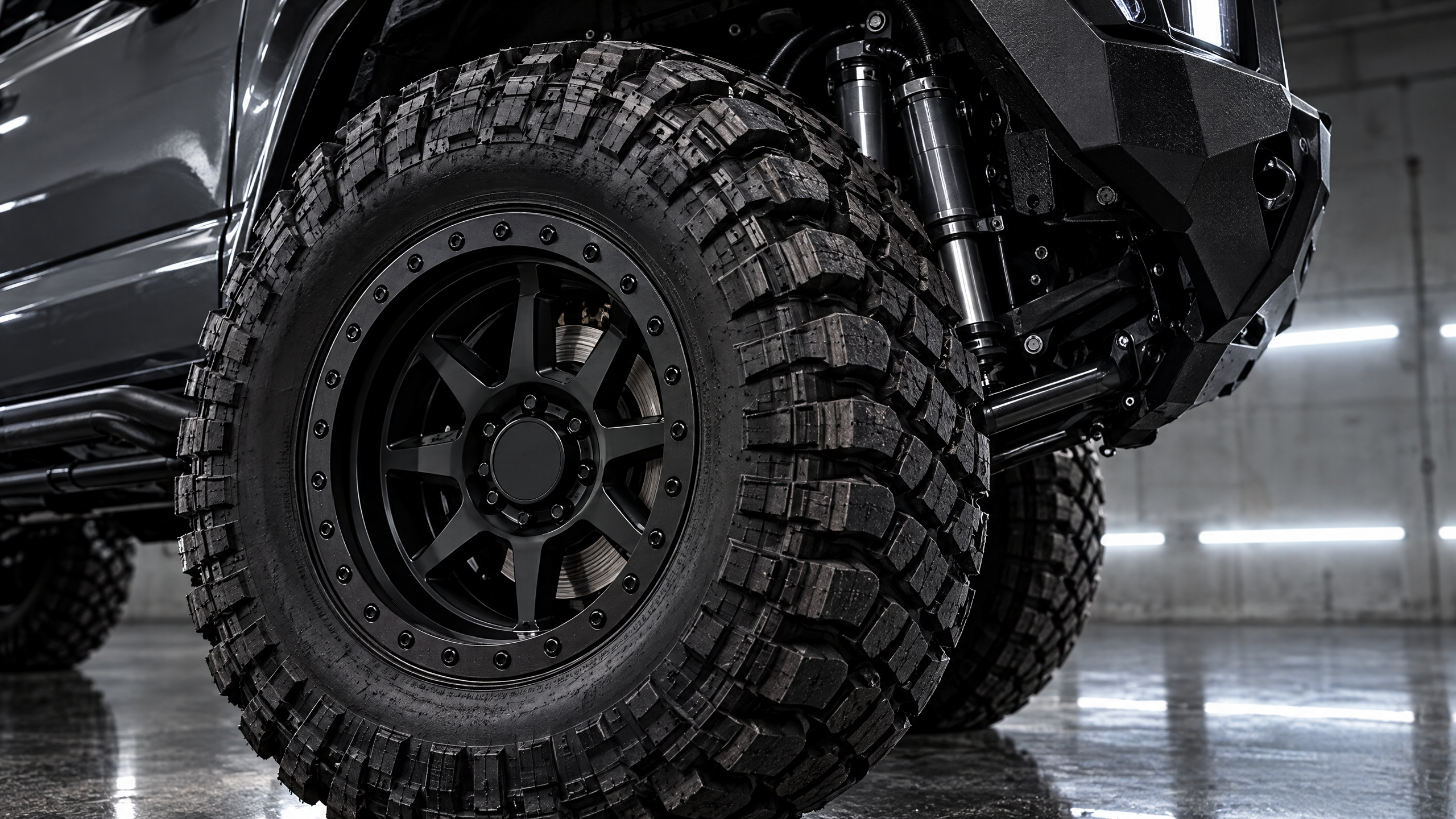 Aggressive lifted truck stance featuring mud-terrain tires, beadlock-style wheels, and upgraded off-road suspension. Precision wheel fitment paired with premium shocks from industry leaders like Fox, King Shocks, and Icon Vehicle Dynamics.