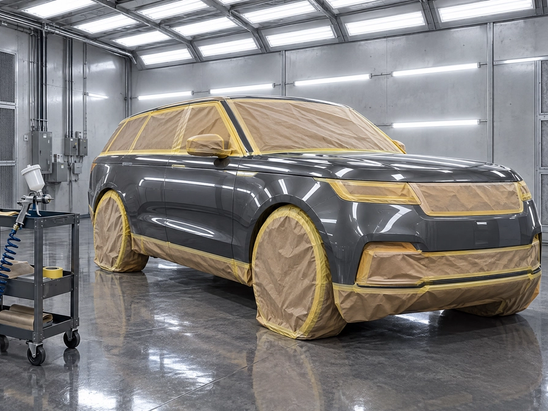 Premium custom auto paint and body shop in Houston, Texas. Showcasing a de-badged luxury SUV inside a state-of-the-art enclosed paint booth receiving a flawless, high-gloss clear coat. Serving high-end vehicles, exotics, and custom trucks across Texas, Katy, and The Woodlands.