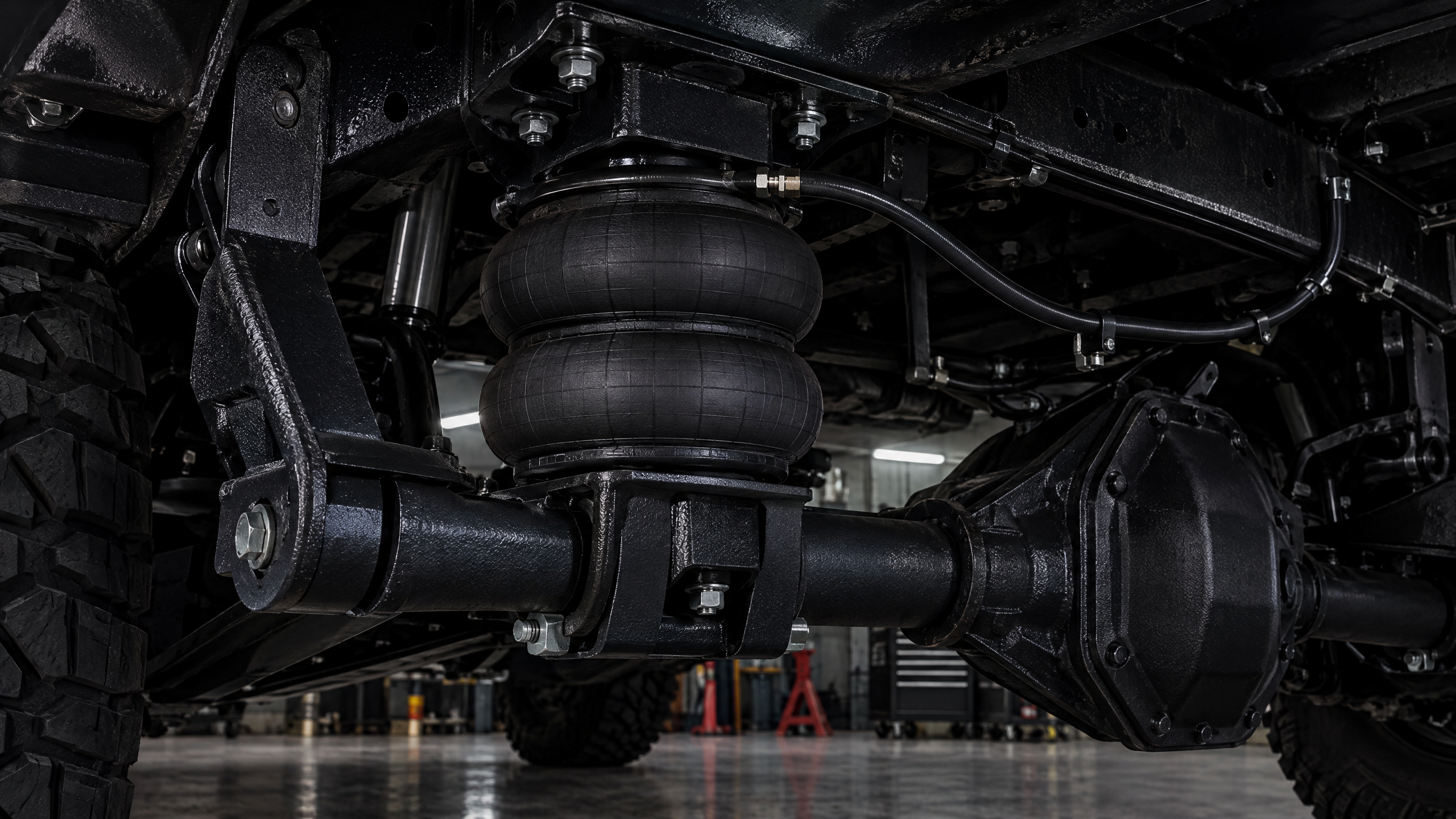 Custom heavy-duty air suspension and towing helper bag installation for lifted trucks in Houston. Reliable, adjustable air ride and leveling setups featuring trusted off-road and towing brands like Air Lift, Firestone, Kelderman, and AccuAir.