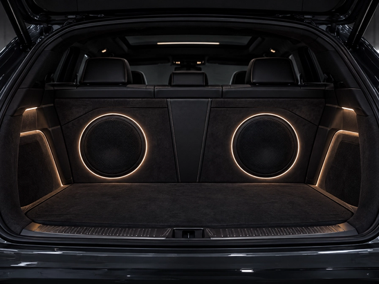 Custom car audio installation and OEM-integrated subwoofers in Houston, Texas. Flush-mounted trunk subwoofer enclosures wrapped in factory-matching carpet and leather for luxury cars, exotics, and SUVs across The Woodlands, Katy, and Sugar Land.