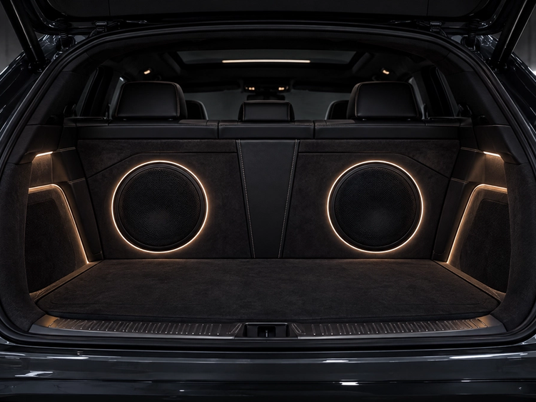 Custom car audio installation and OEM-integrated subwoofers in Houston, Texas. Flush-mounted trunk subwoofer enclosures wrapped in factory-matching carpet and leather for luxury cars, exotics, and SUVs across The Woodlands, Katy, and Sugar Land.