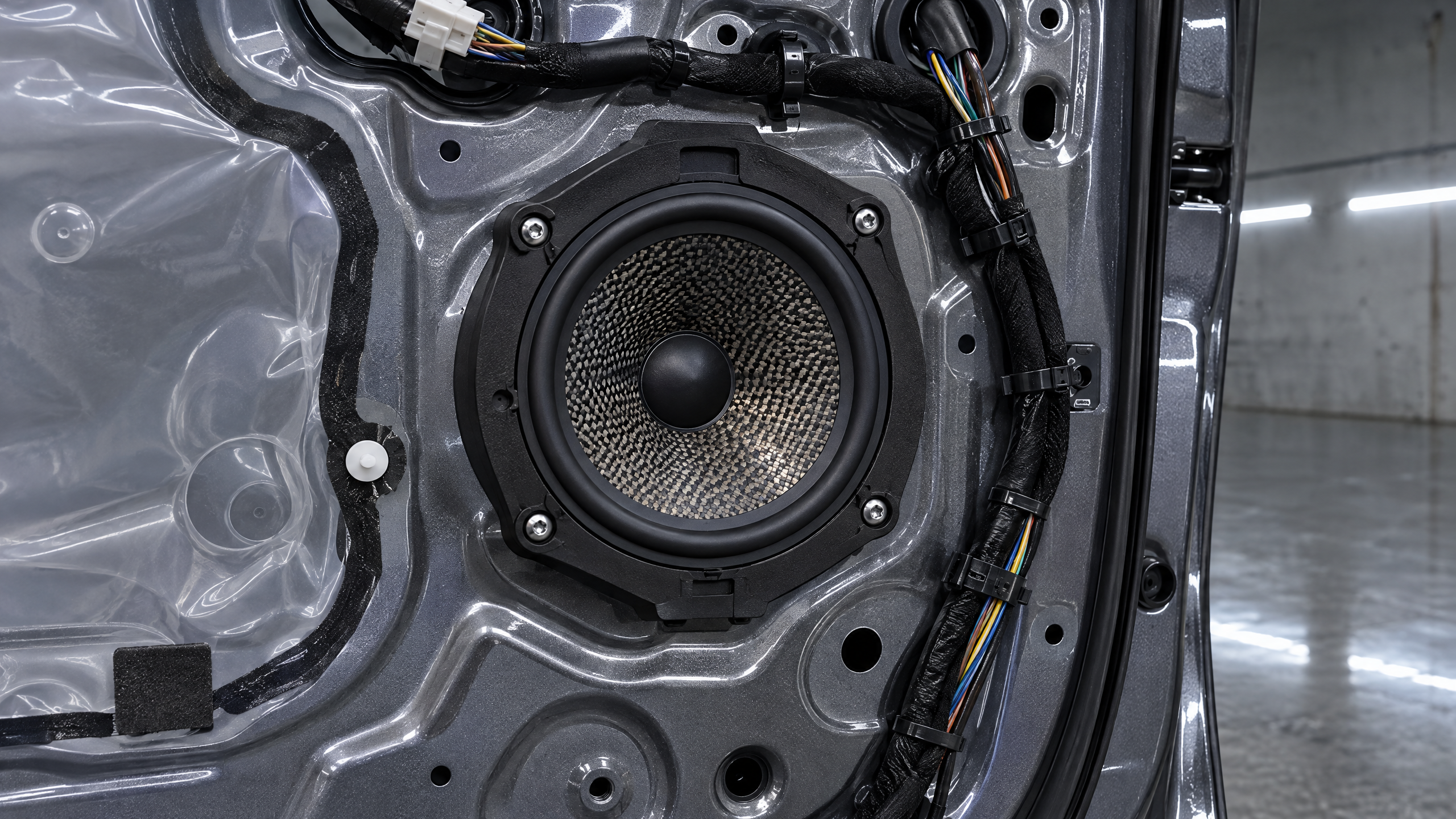High-end component car speaker installation in Houston, Texas. Precision CNC-cut HDPE door speaker adapters and woven fiber cone speakers for crisp staging in luxury cars and custom off-road builds.