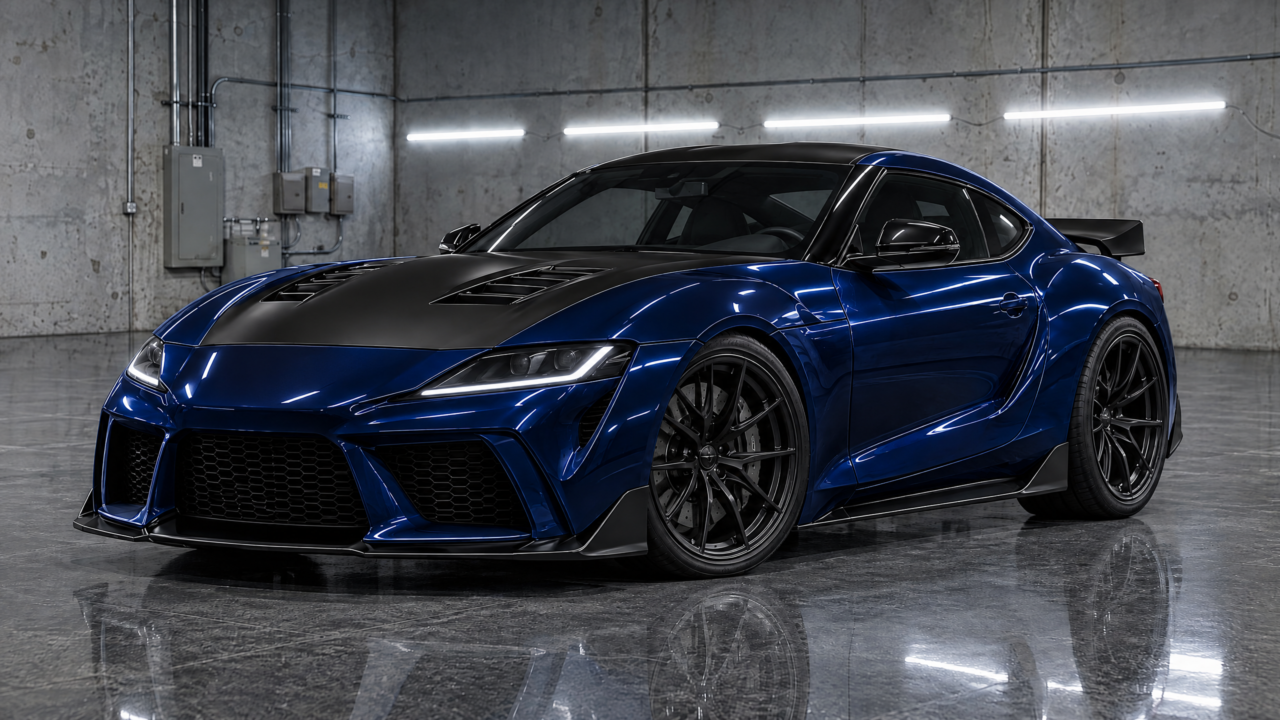 Gloss black hood and roof accent wrap on a midnight blue BMW performance coupe in Houston. Precision partial vehicle wrapping and custom two-tone styling for modern sports cars.