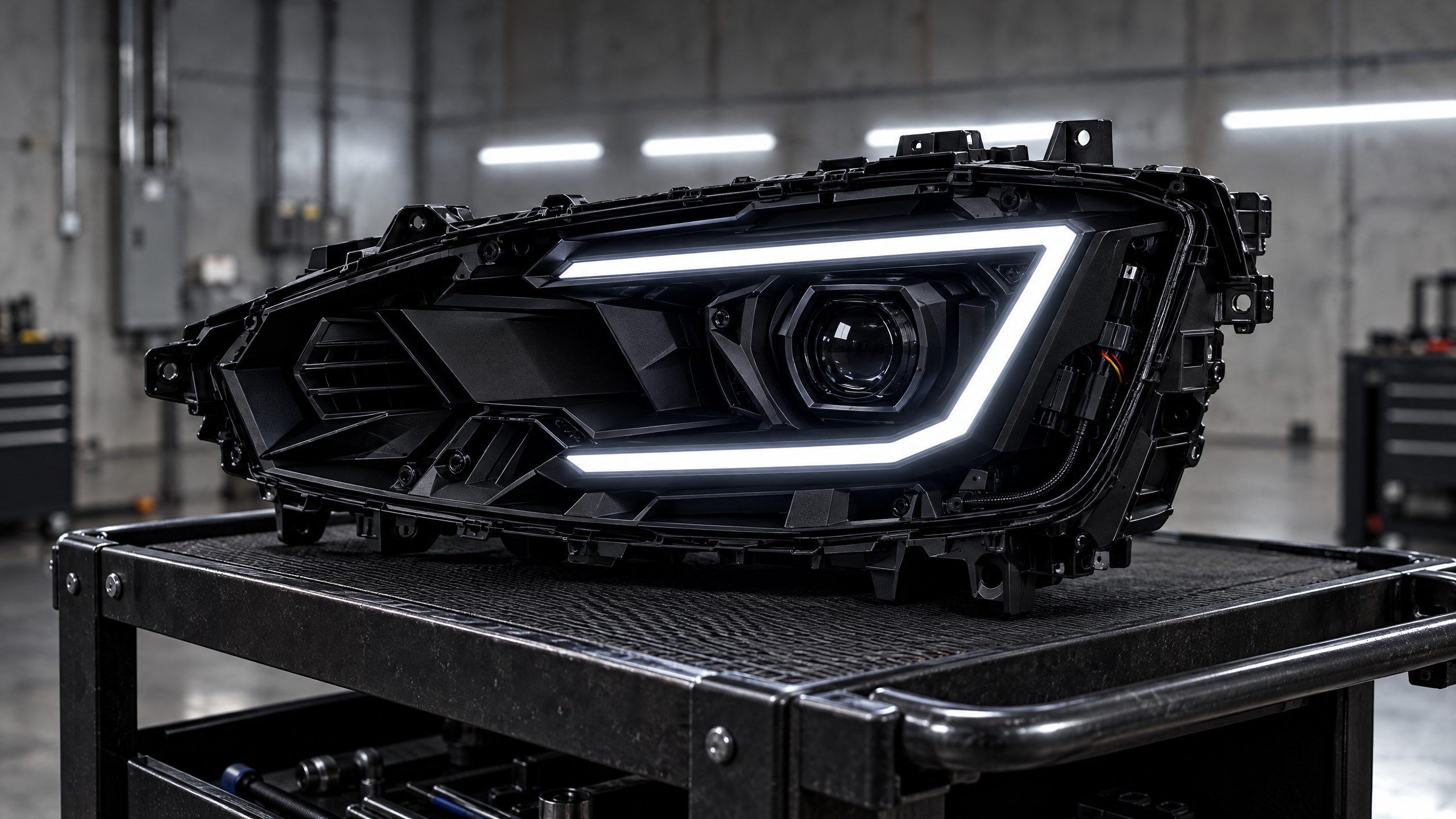Custom vehicle headlight modification and LED halo installation in Houston, TX. High-performance aftermarket headlight builds, blacked-out internal housings, and custom DRL boards for sports cars, trucks, and SUVs.