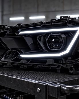 Custom vehicle headlight modification and LED halo installation in Houston, TX. High-performance aftermarket headlight builds, blacked-out internal housings, and custom DRL boards for sports cars, trucks, and SUVs.