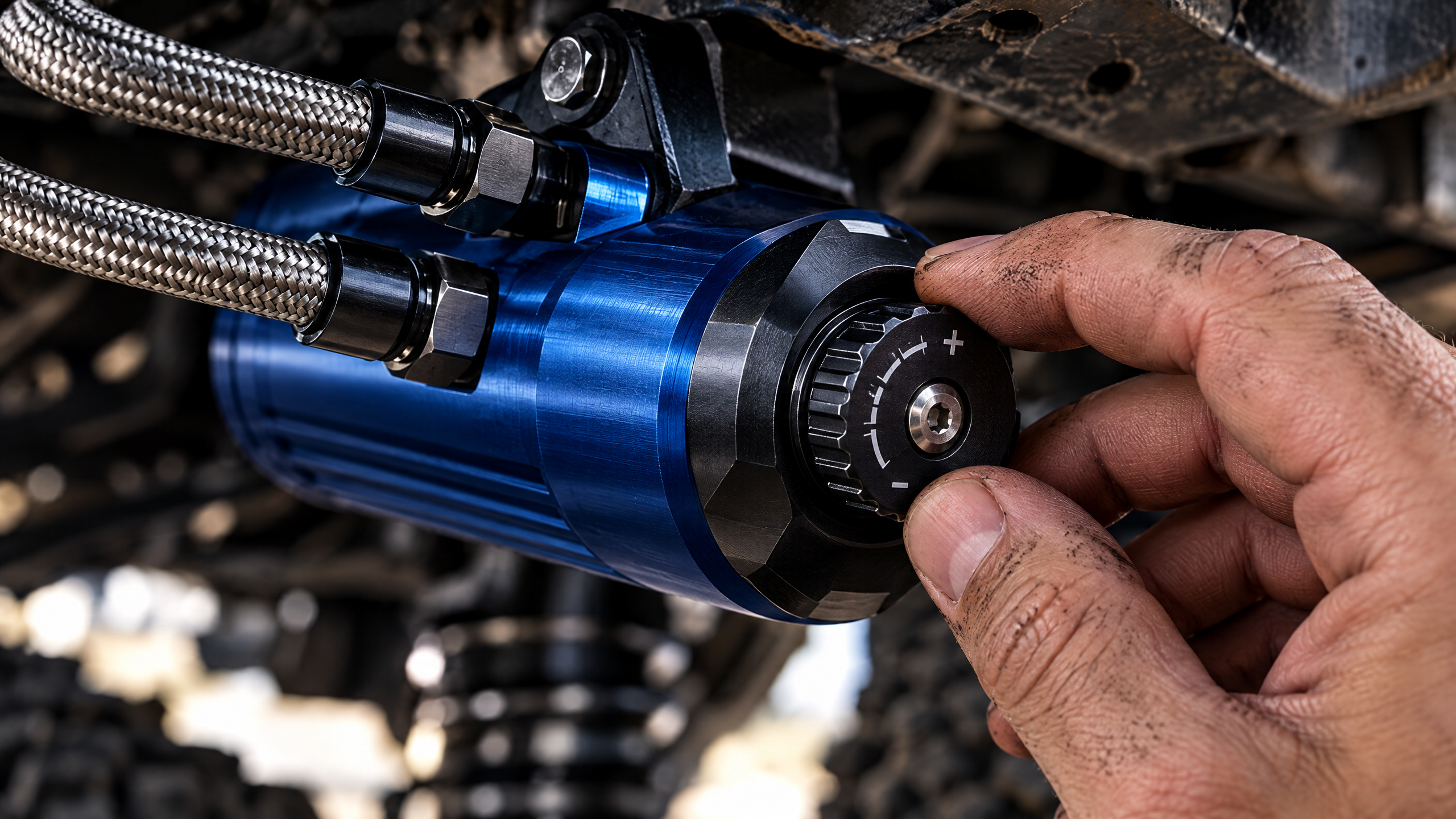 Technician precision tuning an external remote reservoir shock for off-road dampening. Custom suspension adjustments for trucks, Jeeps, and Slingshots running high-performance systems like Bilstein, Fox Racing, and King Shocks.