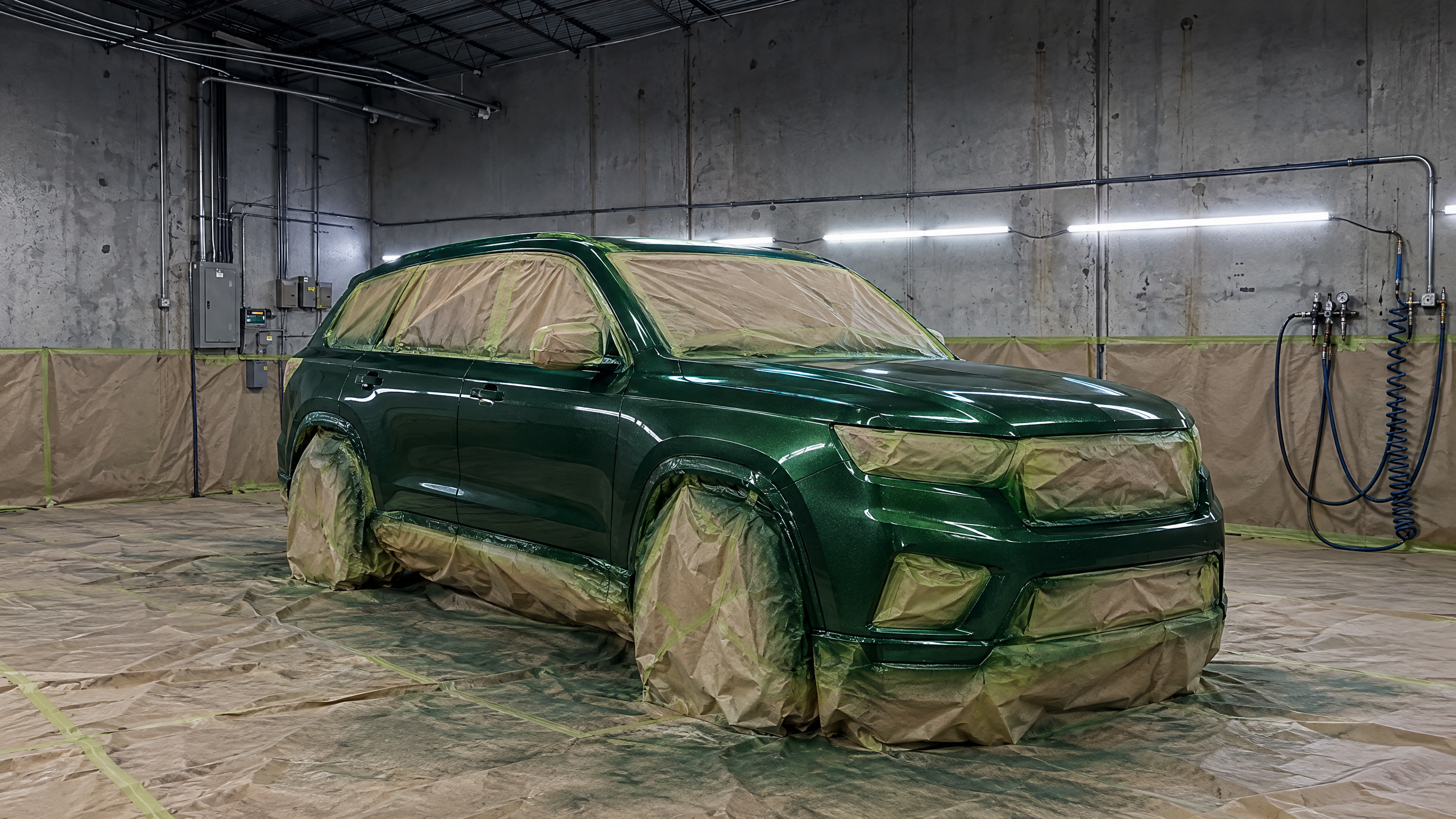 Complete vehicle respray and custom color change services in Texas. A heavy-duty off-road truck fully prepped, masked, and receiving a flawless custom base coat inside our in-house paint booth. High-end automotive refinishing for Houston, Sugar Land, and beyond.