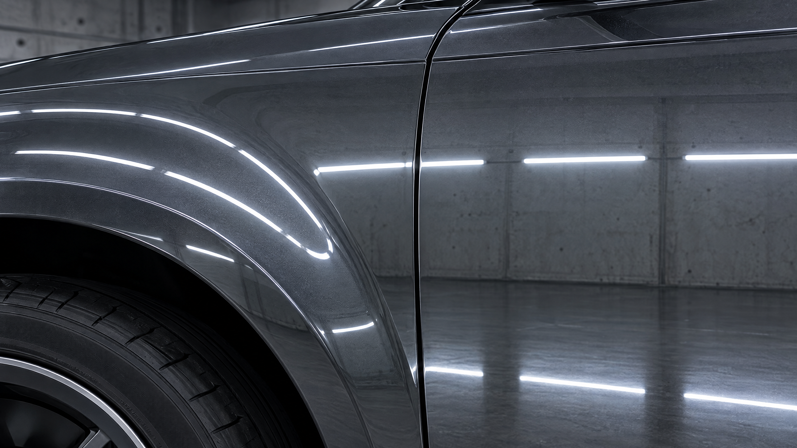 Seamless auto body panel repair and perfectly restored factory body lines. Razor-straight studio light reflections on a repaired truck fender, proving unmatched structural and cosmetic auto body prep and finish work in Houston, TX.