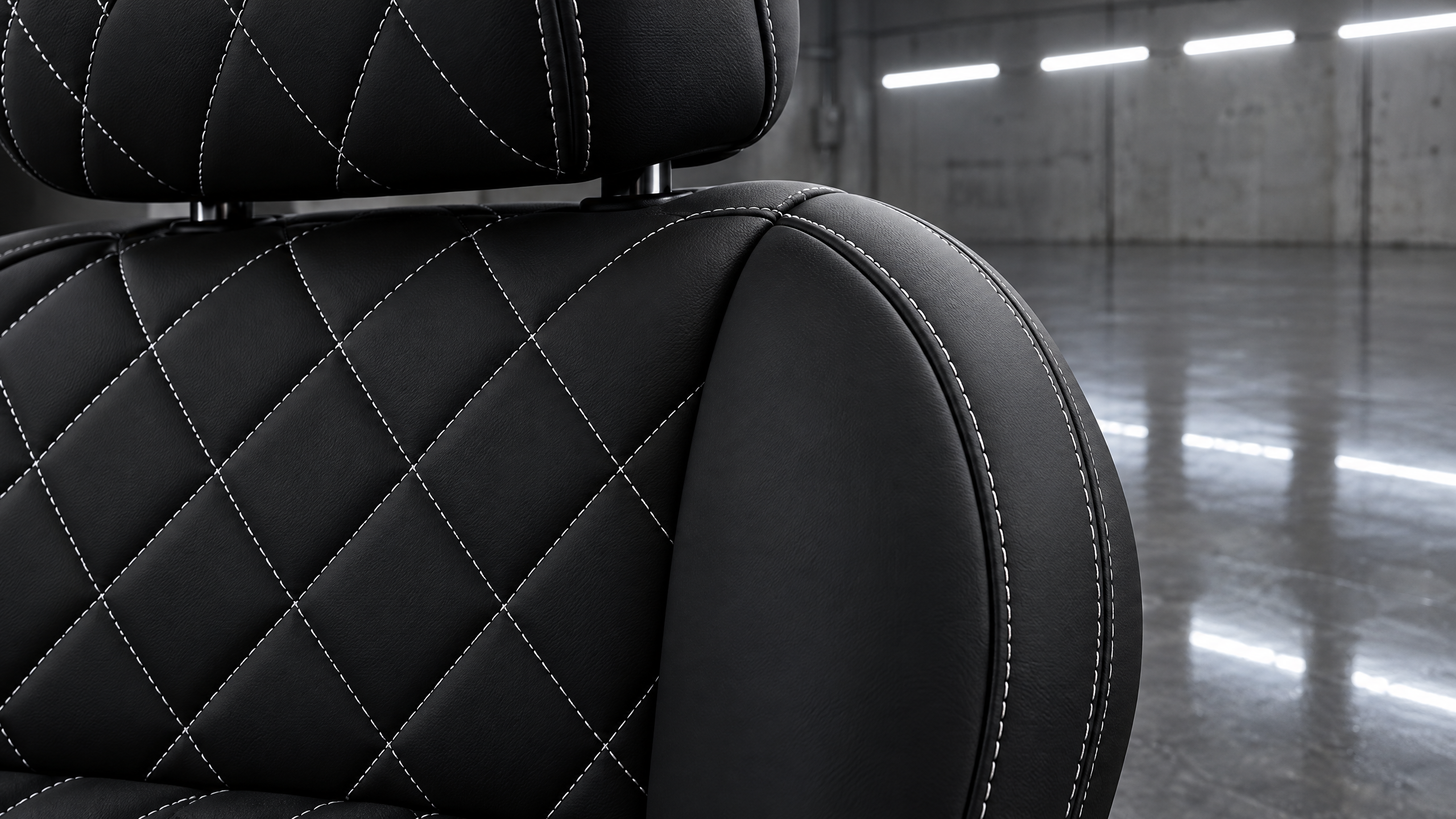 Black Nappa leather interior with chalk white diamond stitching in Houston. Bespoke automotive upholstery styling featuring sharp contrast stitch patterns for luxury cars.