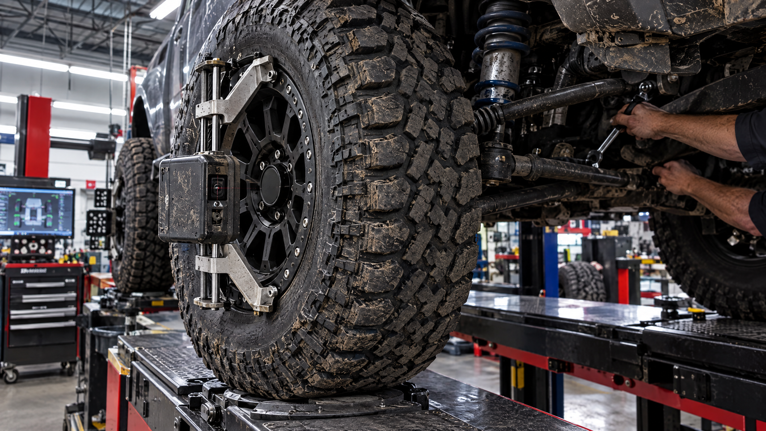 Specialized off-road suspension tuning and precision laser alignment for lifted vehicles and oversized mud-terrain tires. We correct suspension geometry using heavy-duty track bars and control arms from SPC Performance, Synergy Manufacturing, and Carli Suspension.