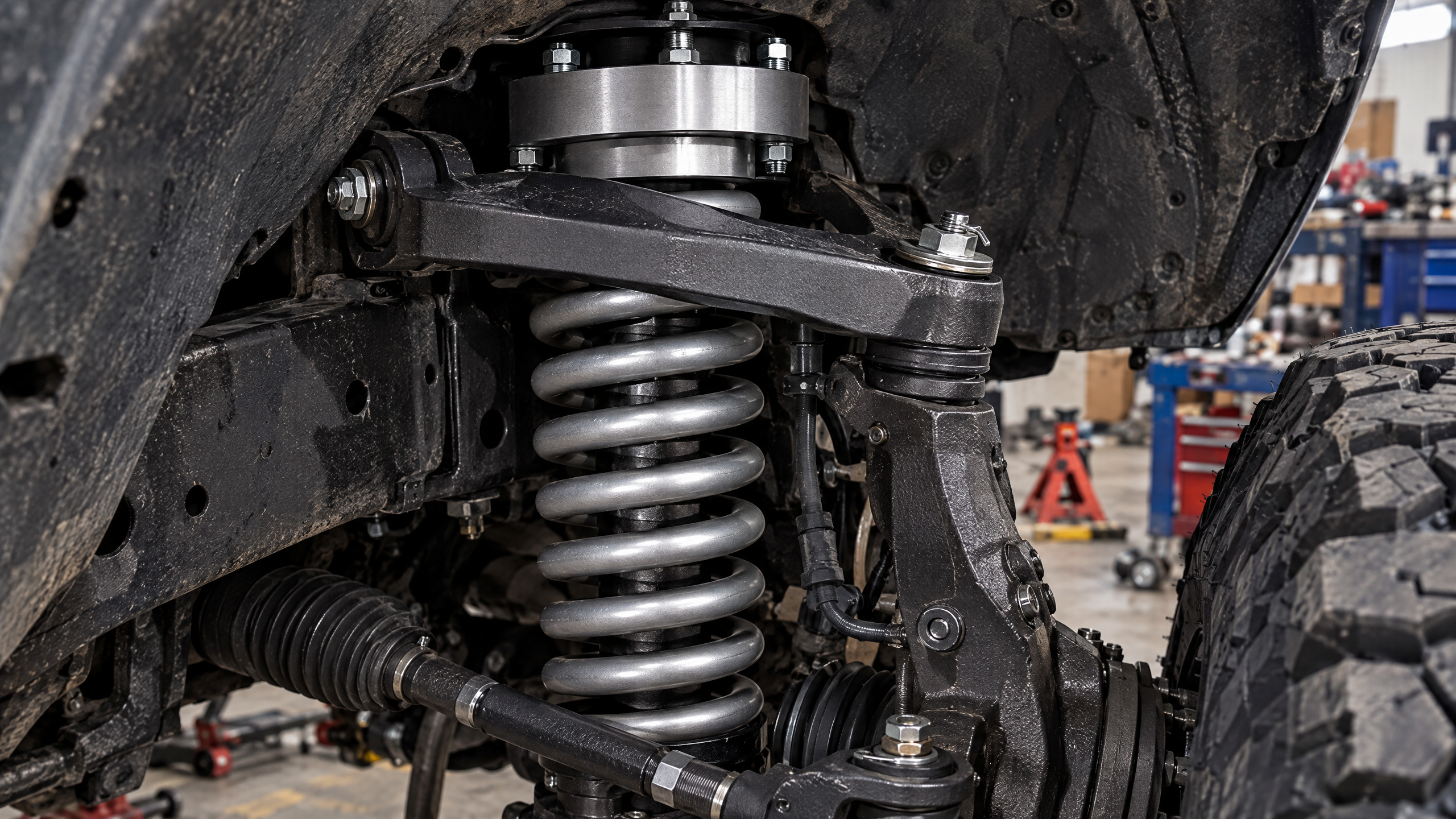 Off-road suspension leveling kits and heavy-duty coil spring upgrades for maximum ground clearance and aggressive stance. Precision suspension lifts utilizing durable components from ReadyLIFT, Rough Country, Eibach, and Dobinsons.