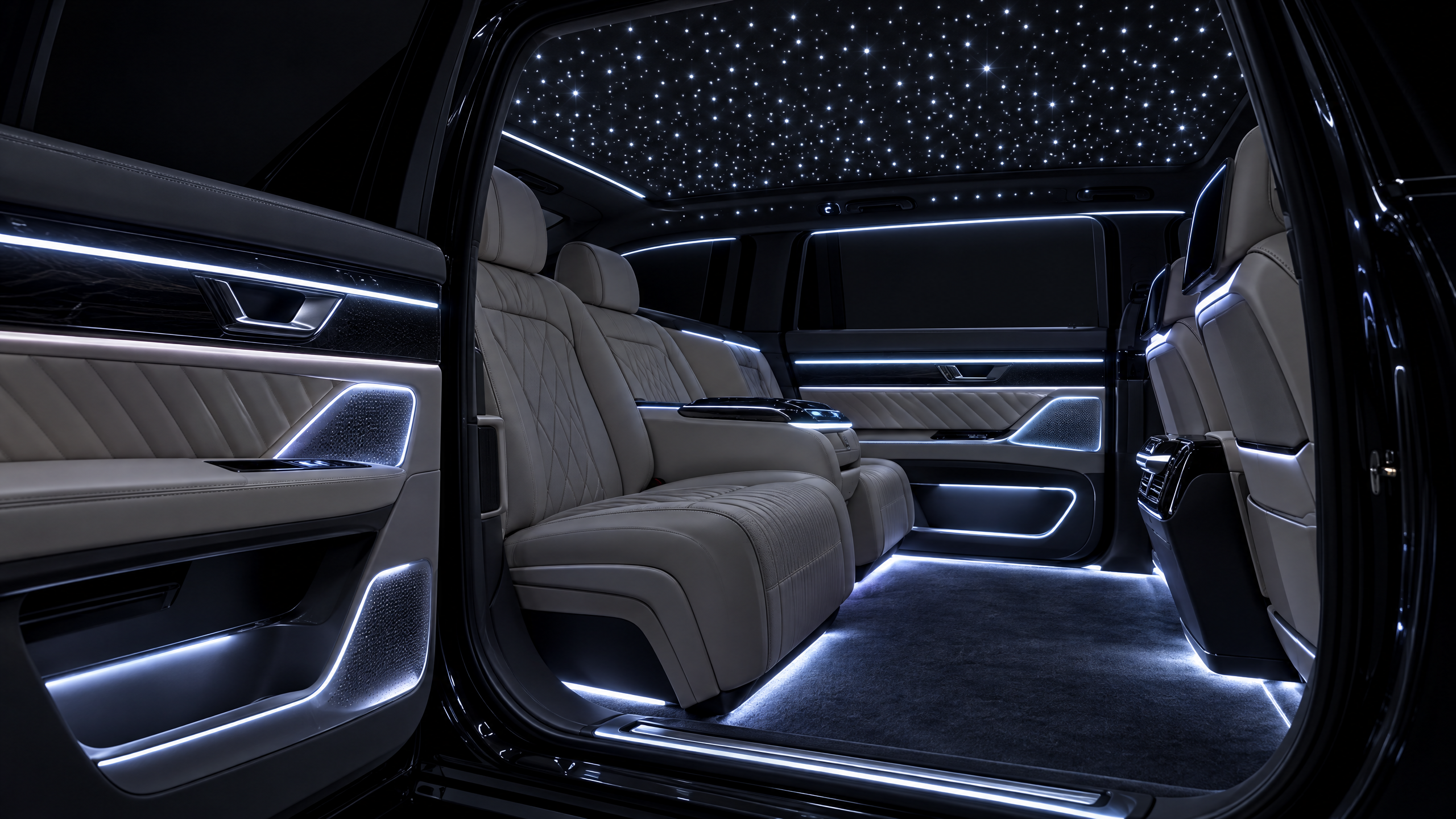 Fully synchronized custom automotive interior lighting system. Color-matched starlight headliner and ambient door LEDs in a luxury EV, showcasing premium cabin transformations at our Houston design studio.