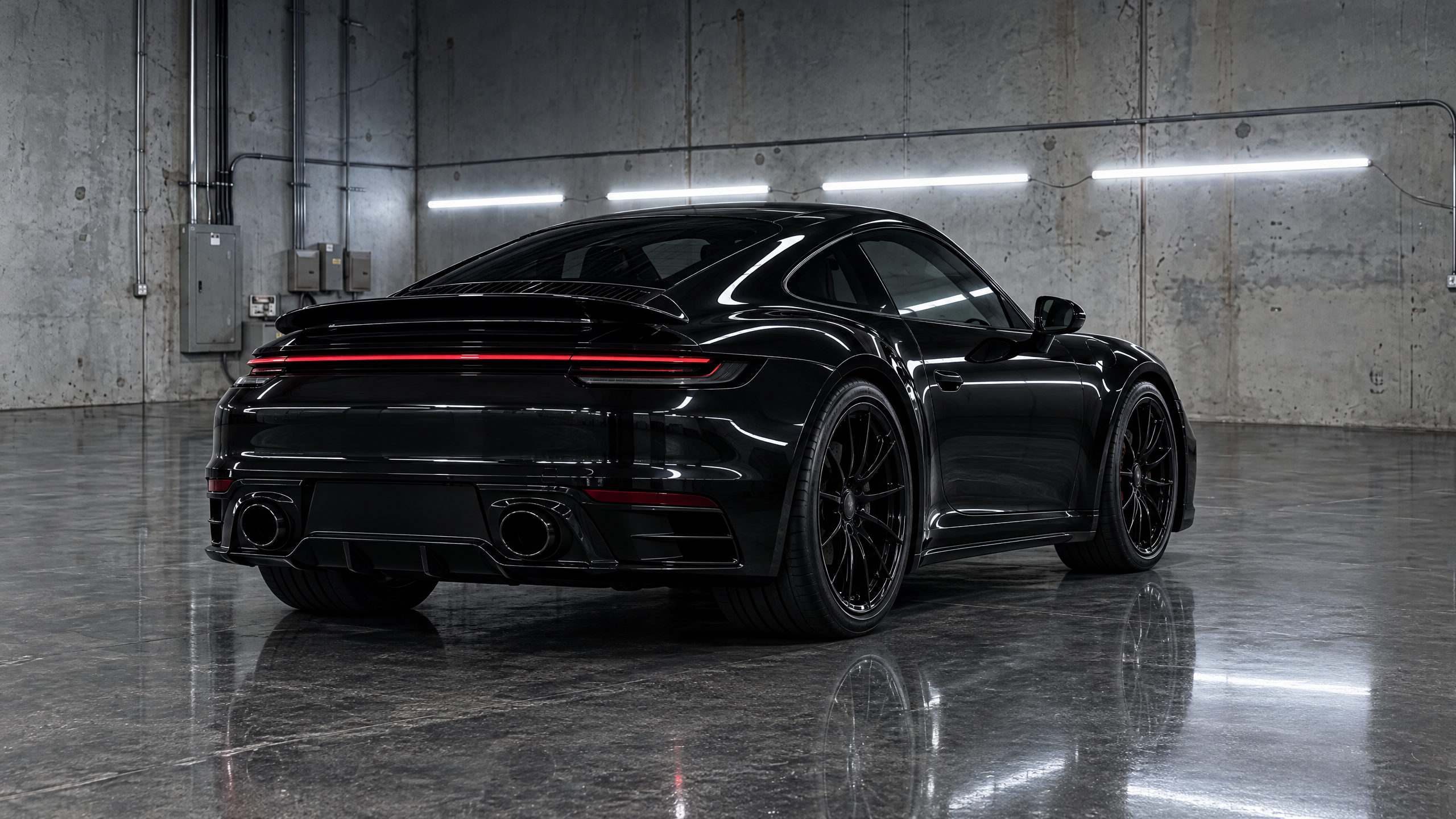 Complete gloss black trim blackout package on a high-performance sports coupe in Houston, Texas. Turnkey chrome delete, badge wrapping, and stealth exterior styling.