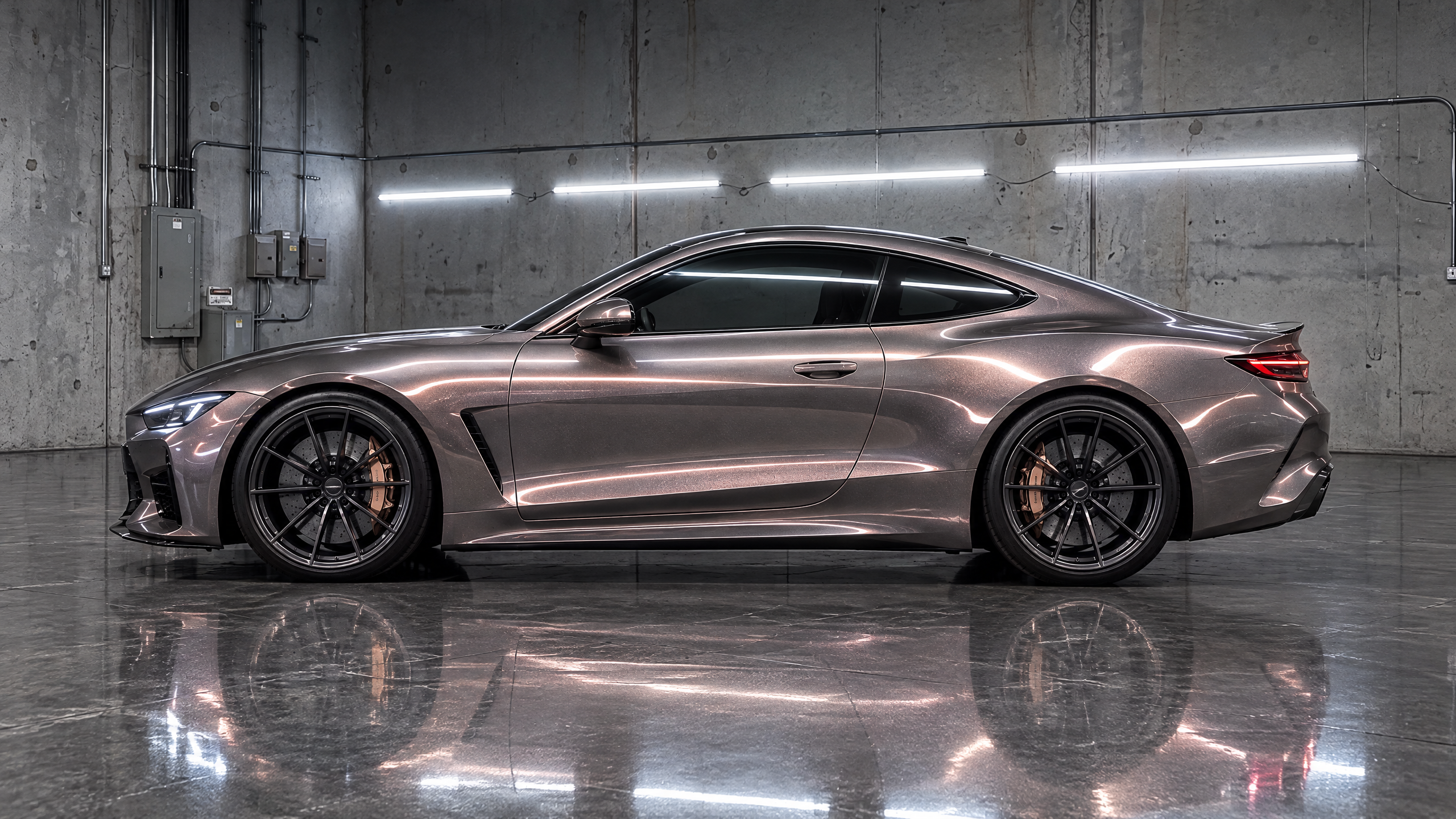 Rose-gold and gray color-shift vinyl wrap on a Porsche sports coupe in Houston, TX. High-end iridescent cast film installation and smooth curved panel wrapping.
