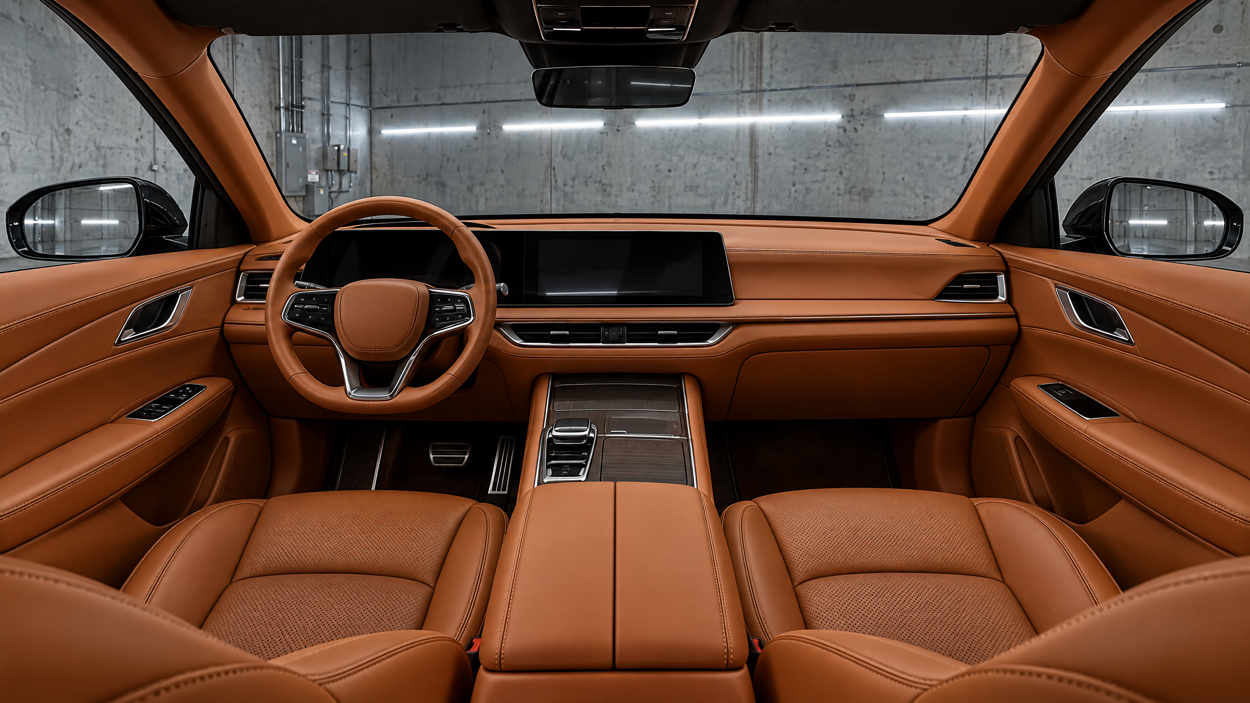 Custom cognac leather car interior retrim in Houston, Texas. Premium saddle brown luxury upholstery and complete cabin color transformations for high-end vehicles across Texas.