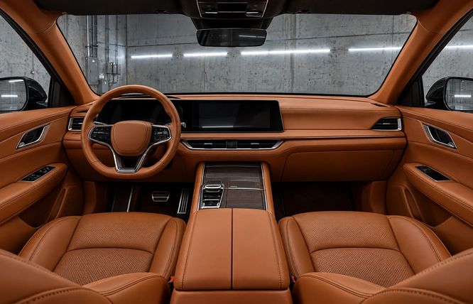 Custom cognac leather car interior retrim in Houston, Texas. Premium saddle brown luxury upholstery and complete cabin color transformations for high-end vehicles across Texas.