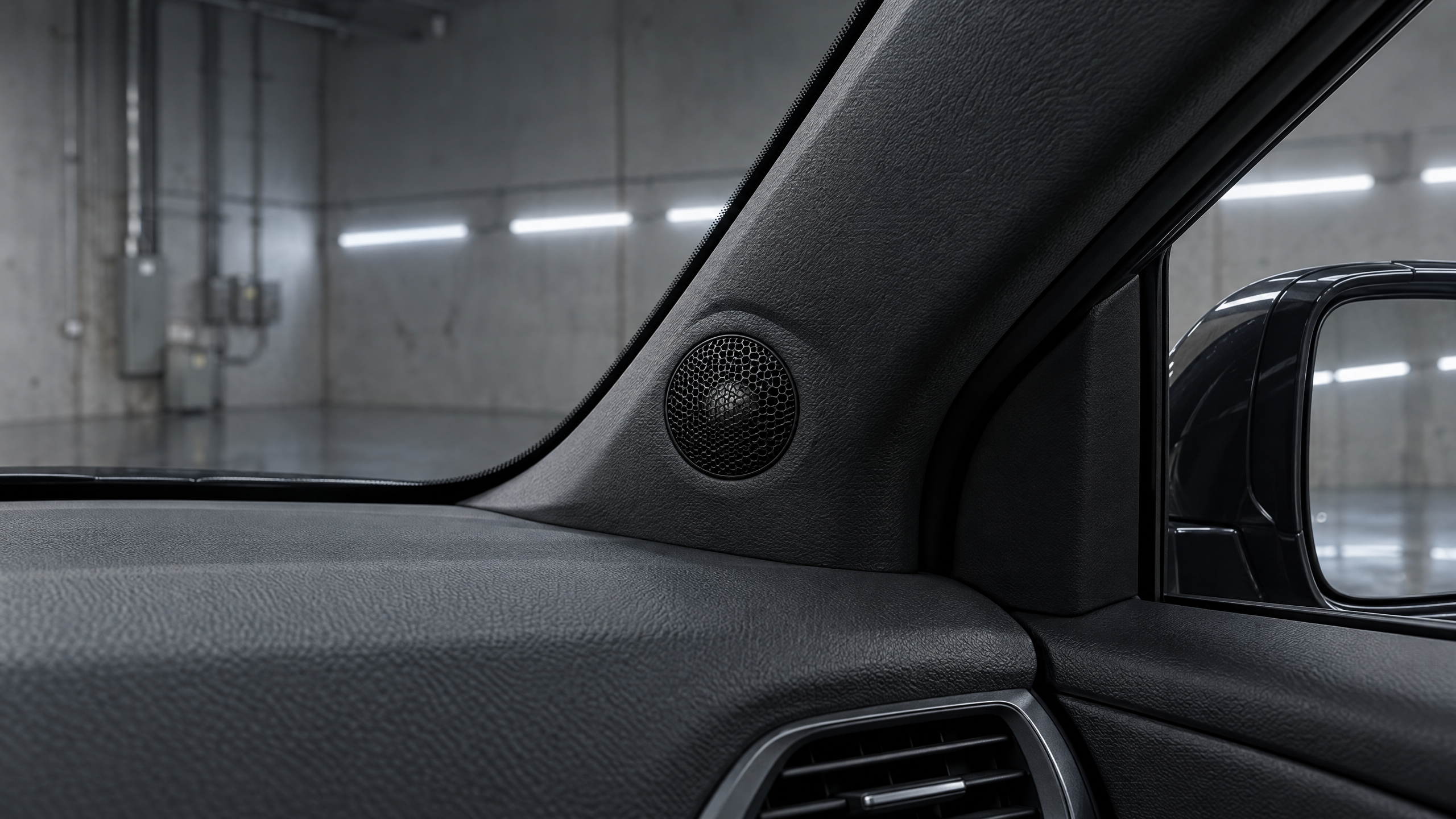 Custom A-pillar tweeter pod fabrication and OEM+ interior audio integration in Houston. Seamless, factory-matching silk dome tweeter mounts for luxury vehicle audio upgrades across Texas.