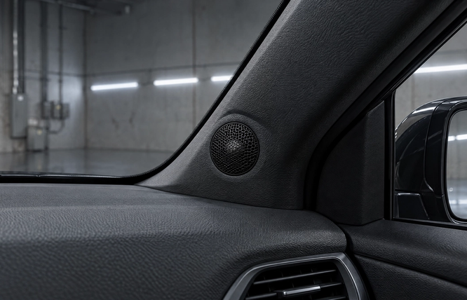 Custom A-pillar tweeter pod fabrication and OEM+ interior audio integration in Houston. Seamless, factory-matching silk dome tweeter mounts for luxury vehicle audio upgrades across Texas.
