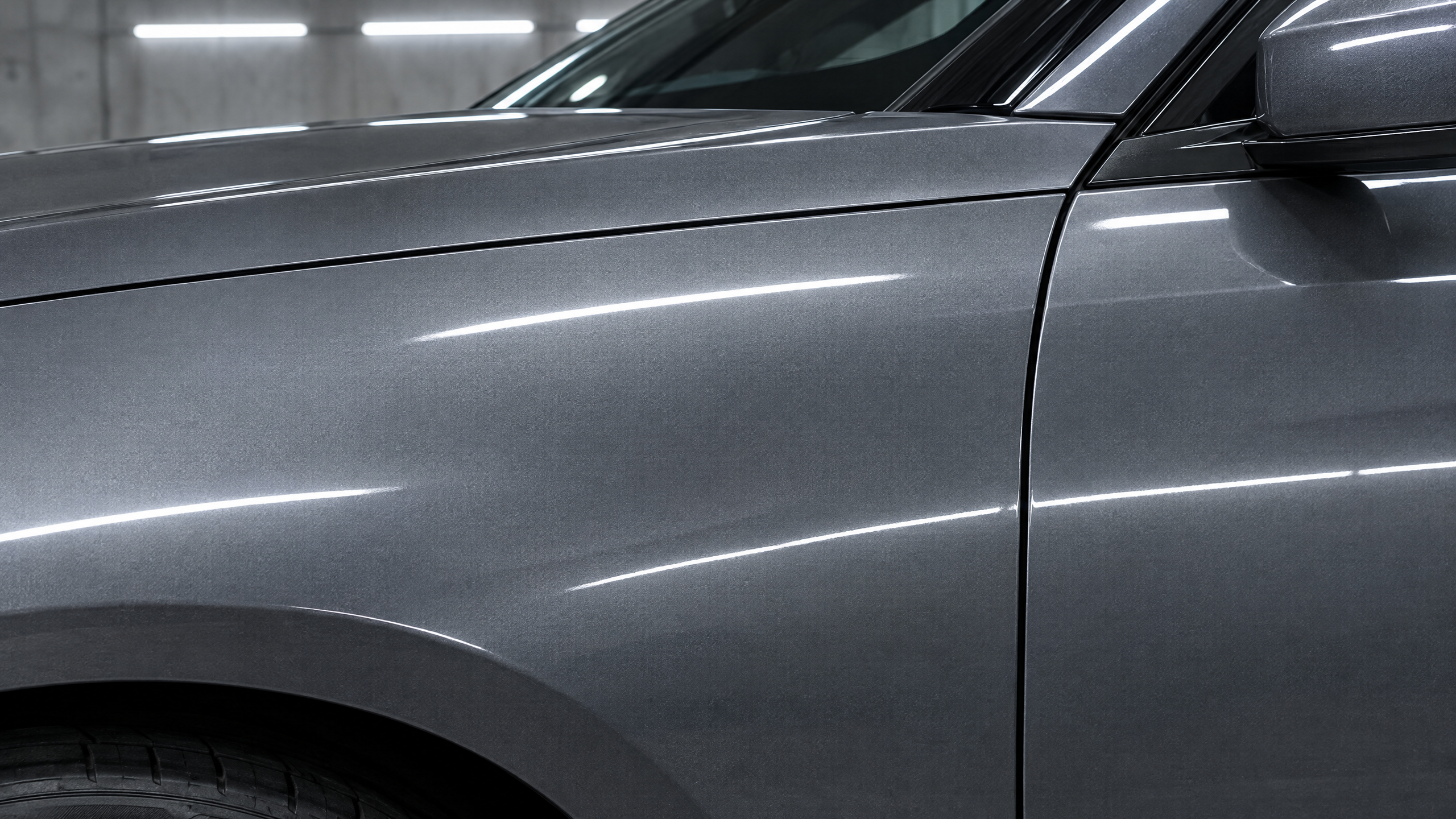 * Undetectable auto paint color matching and perfect panel blending. A seamlessly matched luxury SUV door and fender showing consistent metallic texture and factory depth, performed at our premier in-house auto body shop in Houston, Texas.