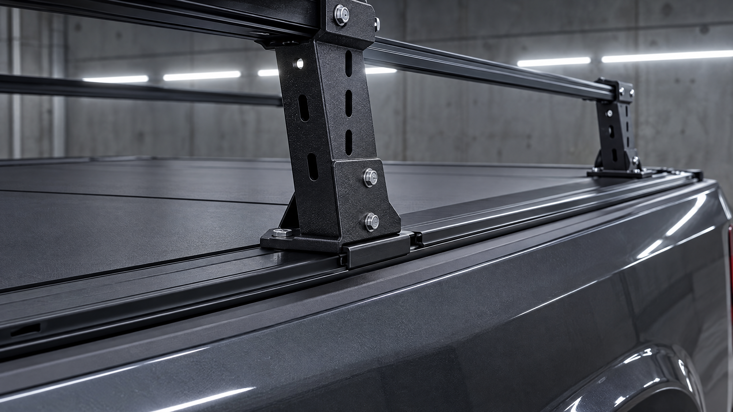 Tonneau cover and bed rack compatible truck builds in Houston. Integrating overland storage racks with lockable retractable bed covers for ultimate 4x4 utility.