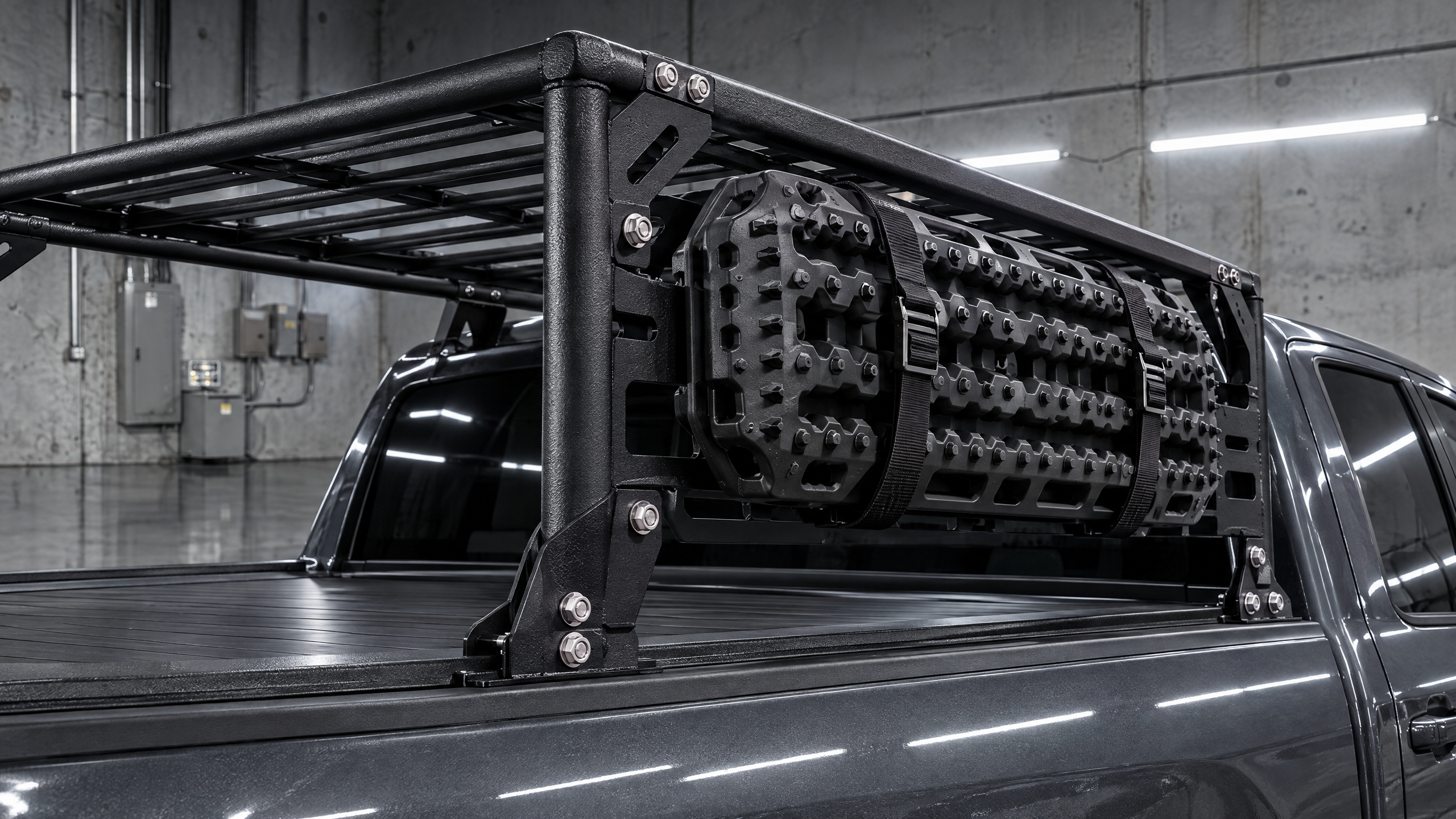Overland truck bed racks and modular utility storage in Houston, TX. High-capacity steel and aluminum roof racks for mounting rooftop tents and off-road recovery gear.