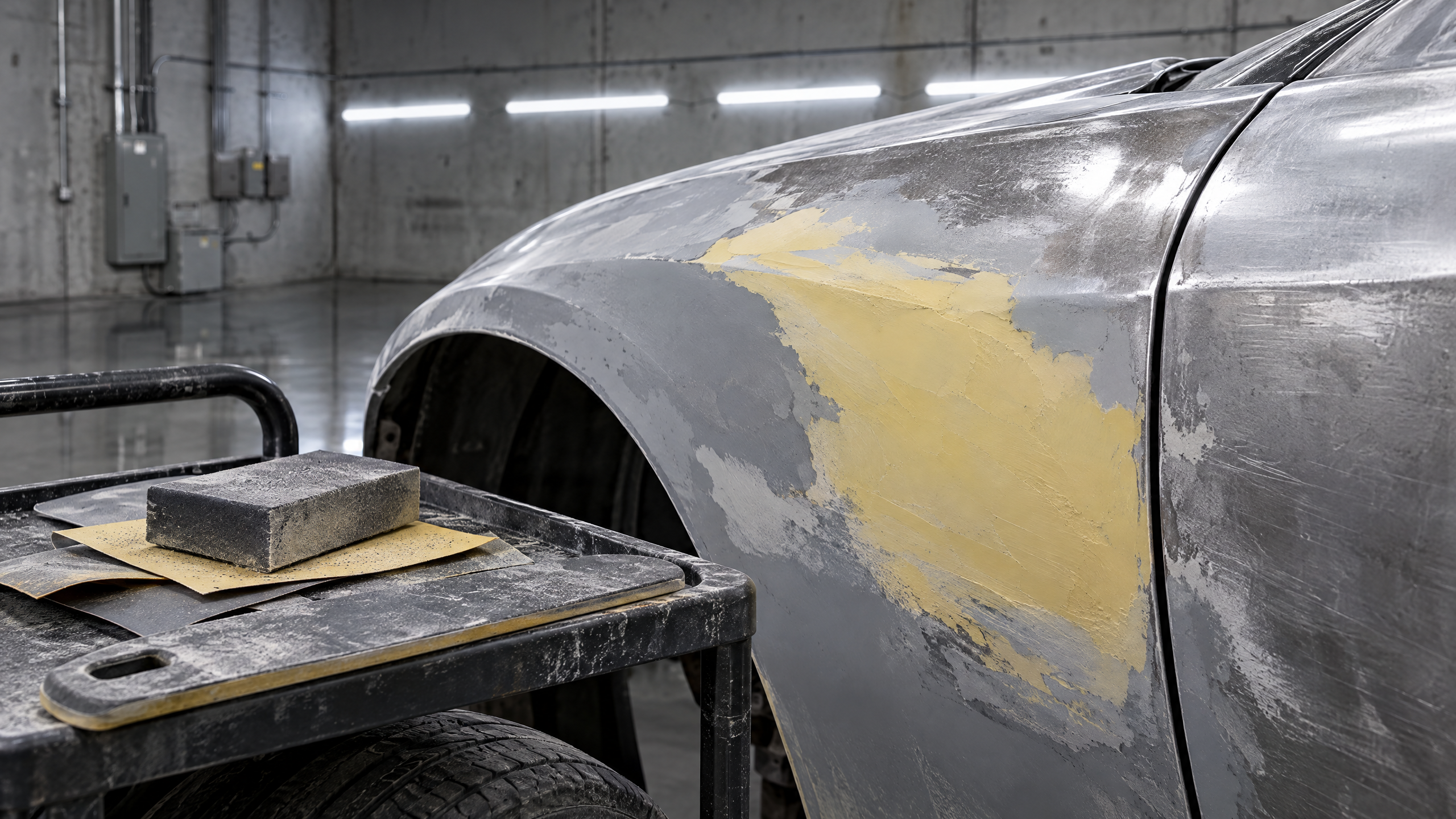 Expert auto bodywork, dent repair, and panel smoothing for custom automotive builds. Precision block sanding and surface prep on a classic vehicle fender in our Houston, TX shop, ensuring a completely wavy-free foundation before custom paint application.