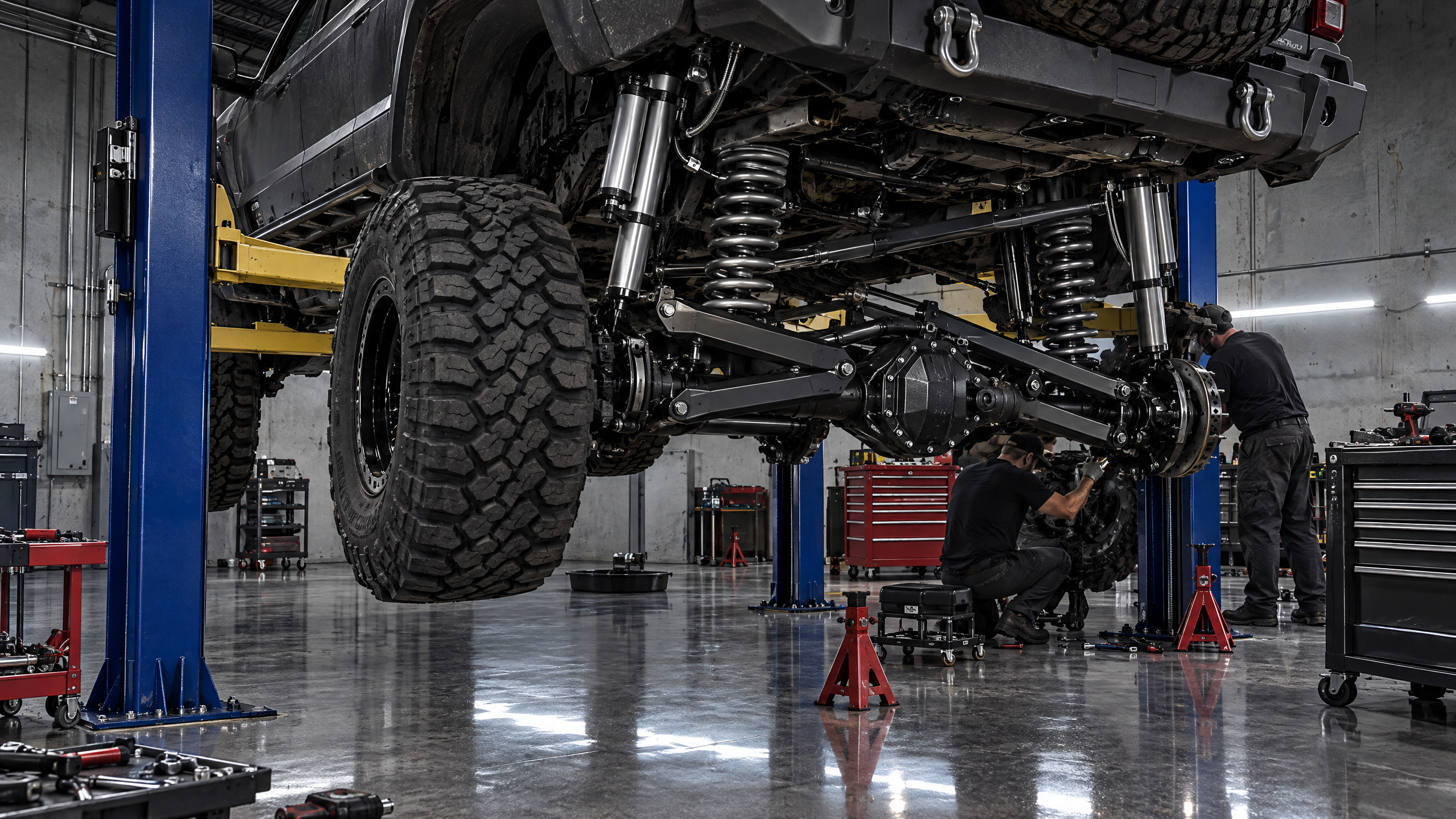 Wide shop view of a lifted 4x4 truck undergoing a custom off-road suspension upgrade in Houston, Texas. Expert installation and in-house tuning of premium lift kits and long-travel suspension systems from top brands like BDS Suspension, Carli Suspension, Fox, and King Shocks.