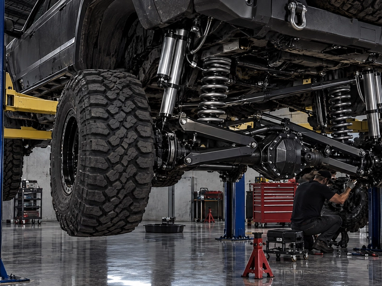Wide shop view of a lifted 4x4 truck undergoing a custom off-road suspension upgrade in Houston, Texas. Expert installation and in-house tuning of premium lift kits and long-travel suspension systems from top brands like BDS Suspension, Carli Suspension, Fox, and King Shocks.