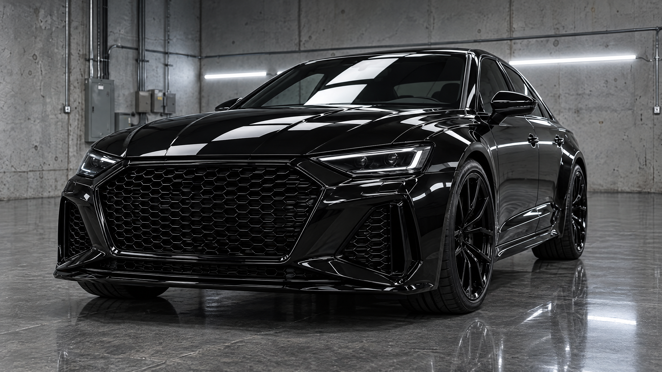 Gloss black front grille and headlight surround blackout on a modern performance sedan in Houston. Custom trim wrapping and chrome elimination for sports cars.