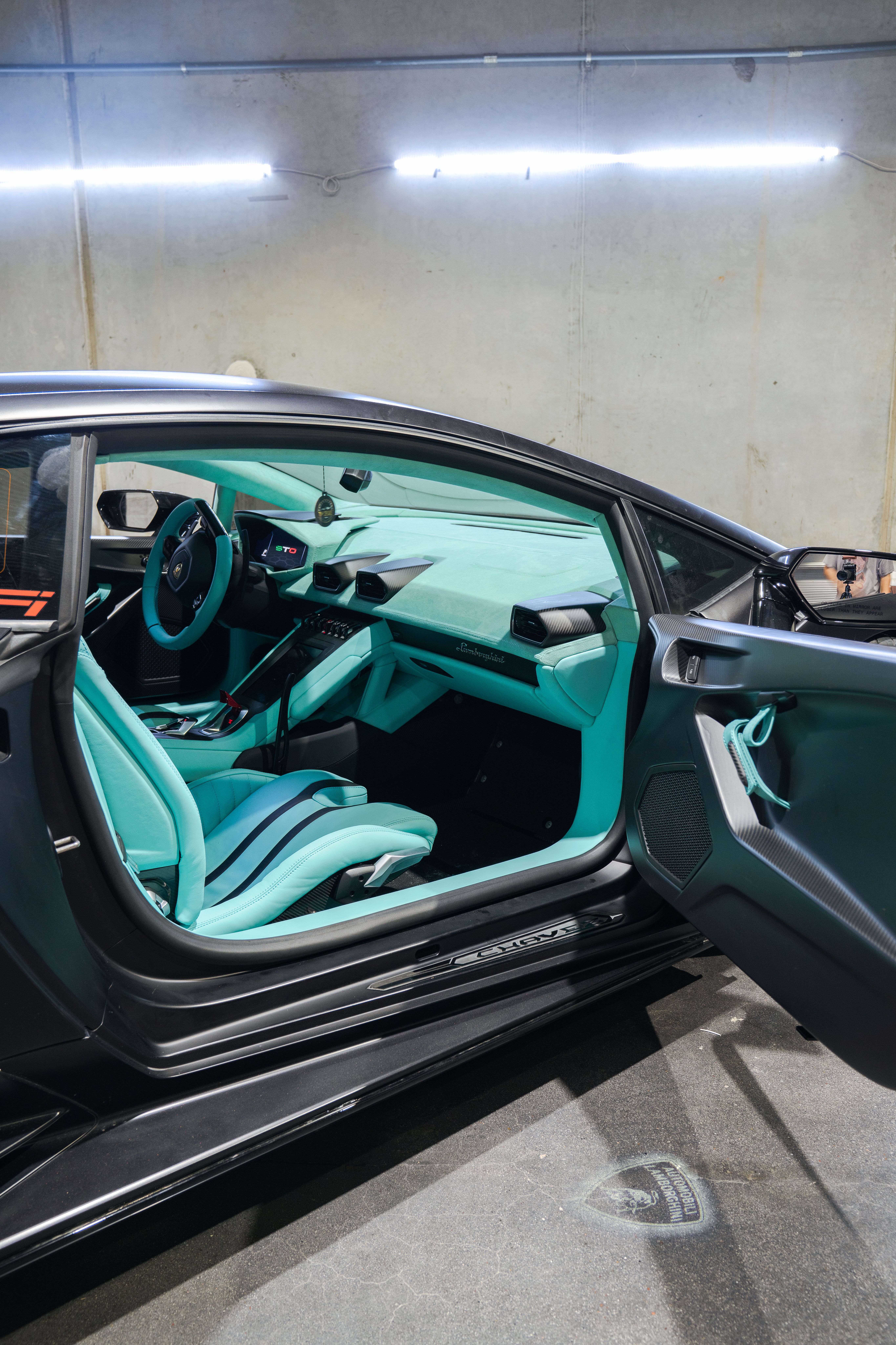 LAMBORGHINI STO TIFFANY BLUE INTERIOR TRANSFORMATION. Custom vehicle interior transformation and luxury leather upholstery in Houston, Texas