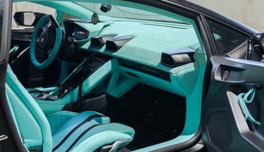 LAMBORGHINI STO TIFFANY BLUE INTERIOR TRANSFORMATION. Custom vehicle interior transformation and luxury leather upholstery in Houston, Texas