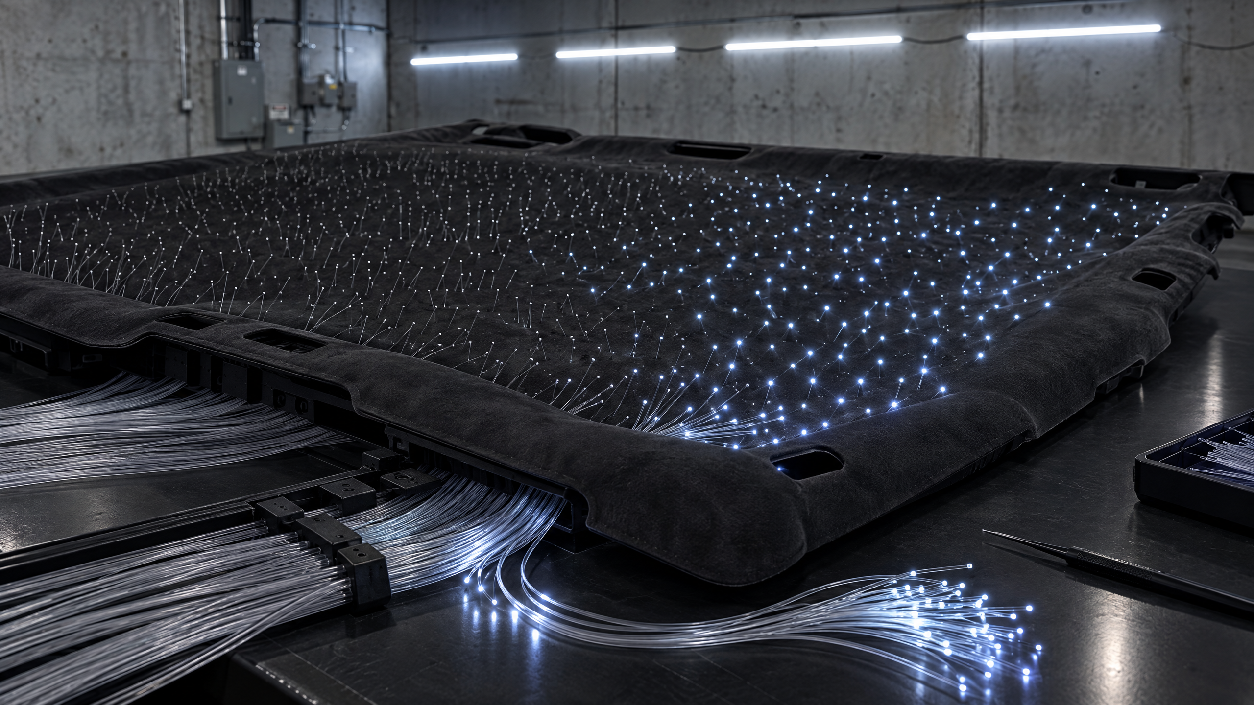 Professional starlight headliner fabrication and fiber optic installation in Houston. Intricate wiring and custom shooting star patterns for luxury vehicles, EVs, and trucks, delivering a breathtaking night sky interior finish.