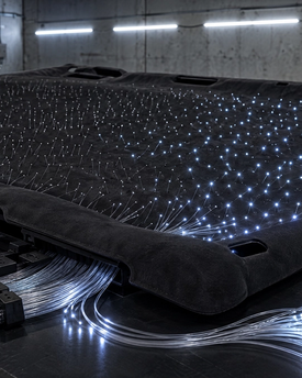 Professional starlight headliner fabrication and fiber optic installation in Houston. Intricate wiring and custom shooting star patterns for luxury vehicles, EVs, and trucks, delivering a breathtaking night sky interior finish.