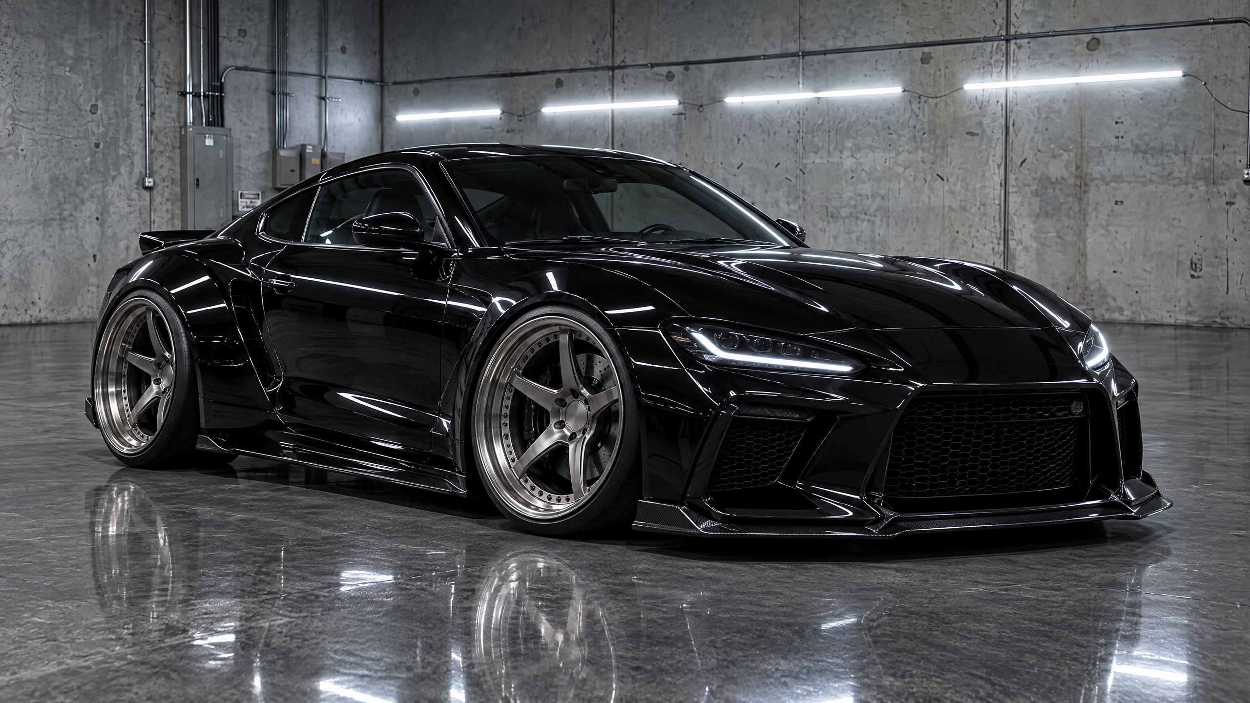 Aggressive deep concave brushed titanium wheels on a black performance sports coupe in Houston. Custom wheel profiles and wide-stance engineering for high-performance builds.