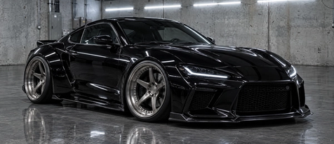 Aggressive deep concave brushed titanium wheels on a black performance sports coupe in Houston. Custom wheel profiles and wide-stance engineering for high-performance builds.