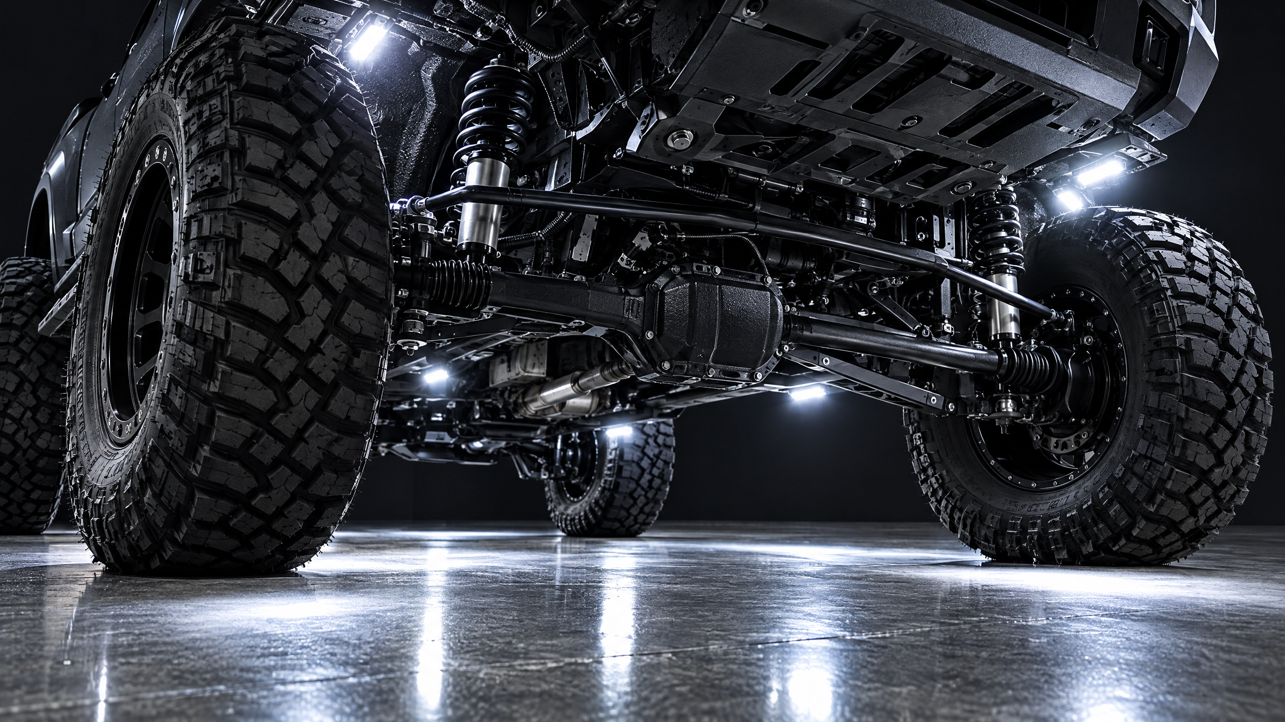 Heavy-duty off-road lighting and rock light installation for lifted trucks and 4x4s in Houston, Texas. High-output undercarriage LEDs and custom exterior illumination for superior off-road visibility and aggressive styling.