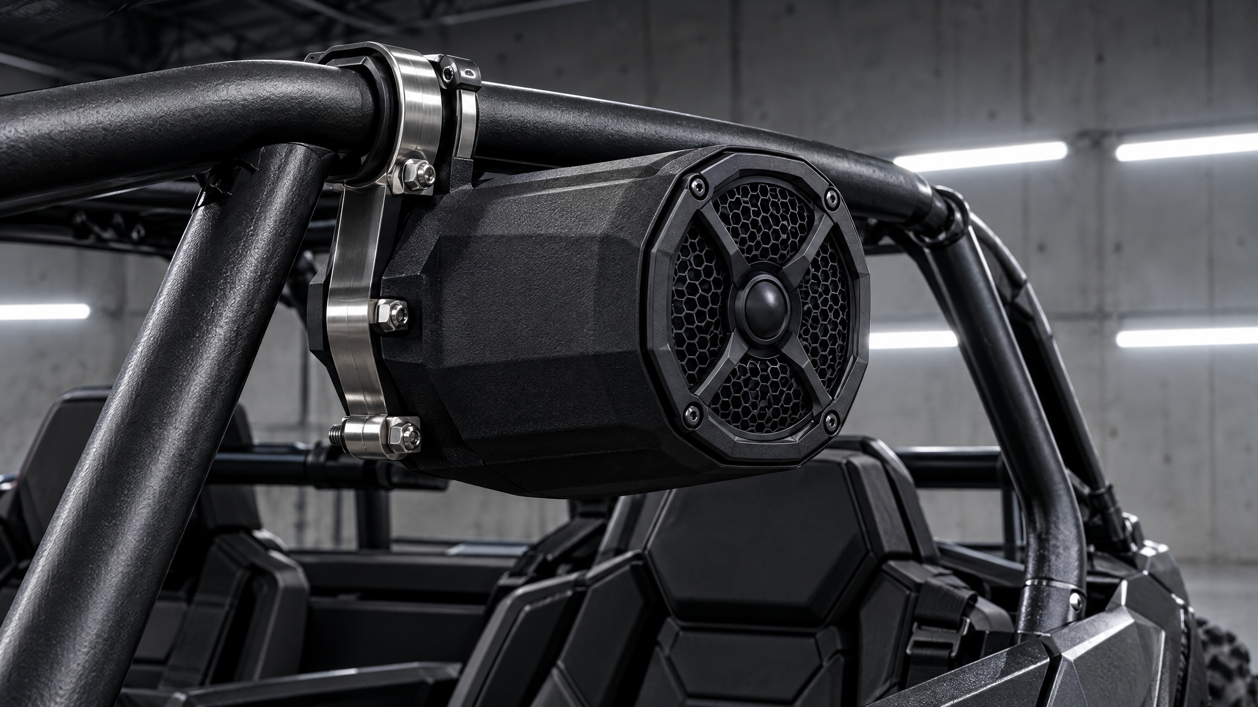 Off-road vehicle and Slingshot weatherproof audio system installation in Houston, Texas. Rugged roll-cage speaker pod mounts and water-resistant marine-grade audio for 4x4 trucks and Jeeps.