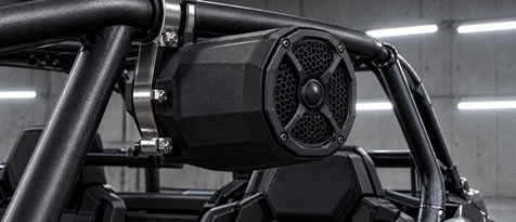 Off-road vehicle and Slingshot weatherproof audio system installation in Houston, Texas. Rugged roll-cage speaker pod mounts and water-resistant marine-grade audio for 4x4 trucks and Jeeps.