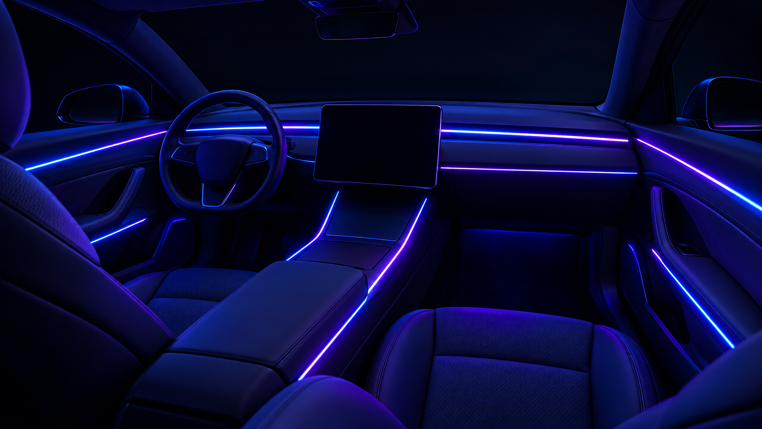 Seamless LED ambient interior lighting installation for Teslas and modern luxury vehicles in Texas. Precision-integrated neon light tubes enhancing the center console and doors for a futuristic, OEM-plus cabin atmosphere.