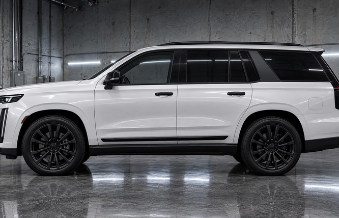 Satin black chrome delete and window trim wrapping on a full-size luxury SUV in Houston, Texas. Precision emblem and side molding blackout services for high-end vehicles.