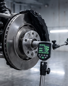 Professional vehicle wheel fitment measurement and calculation in Houston. Expert offset, width, and backspacing consultation ensuring perfect stance precision for custom car builds.
