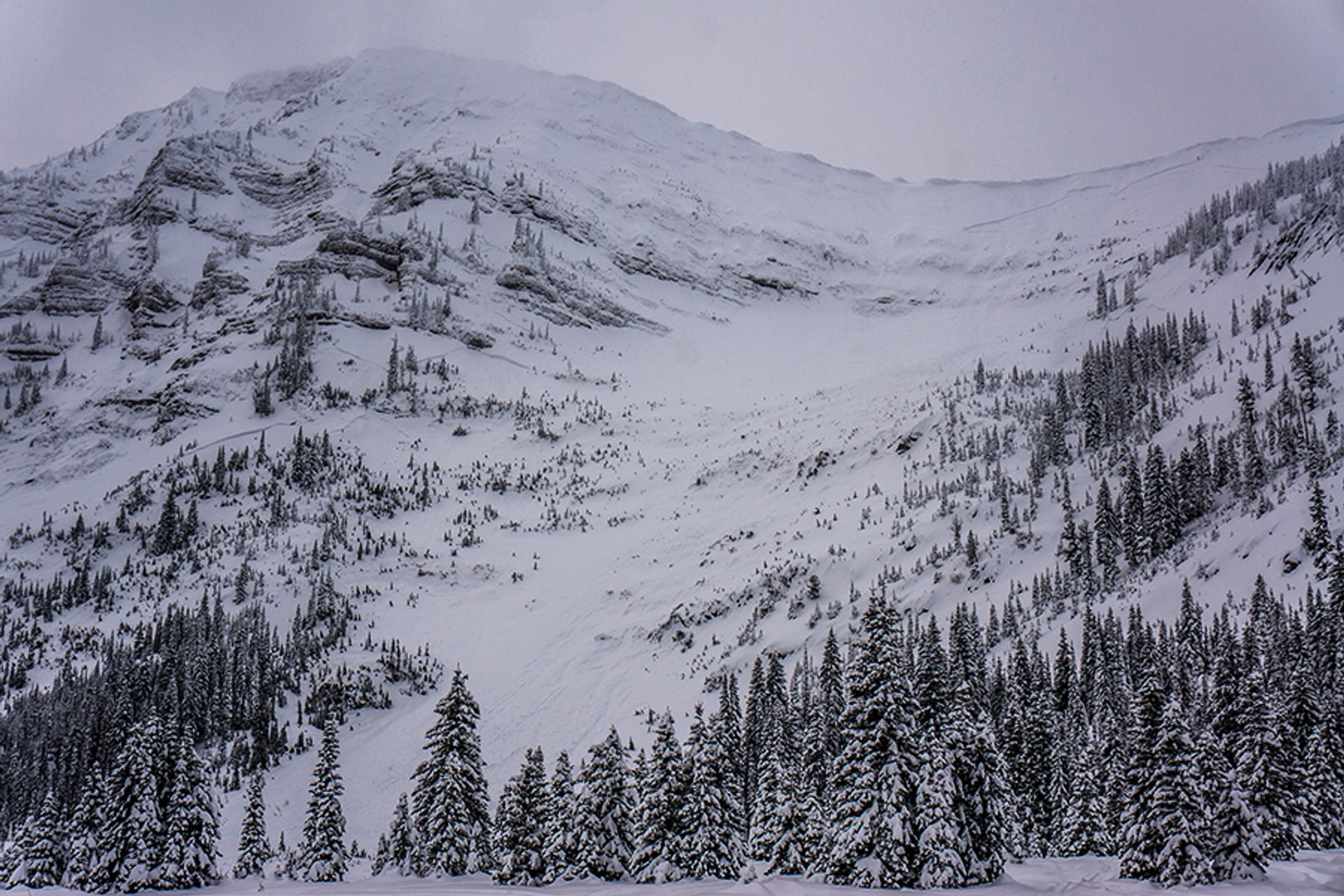 Getting caught in an avalanche here would result in all sorts of trouble. The cliff bands and small trees are terrain traps that would increase the severity of being caught.
