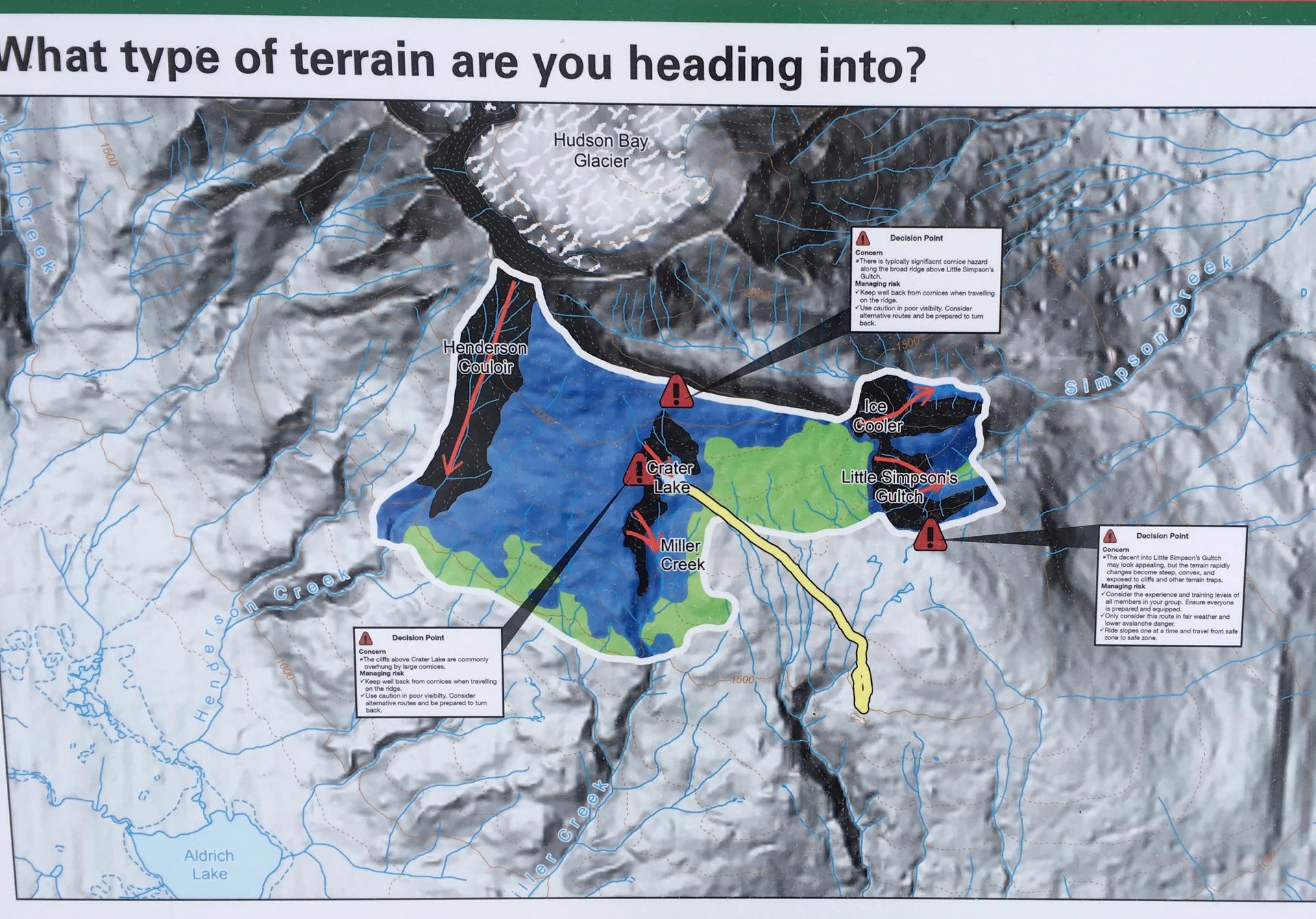 An ATES map shows simple, challenging, and complex terrain, as well as marking major avalanche paths, trails, and key decision points.