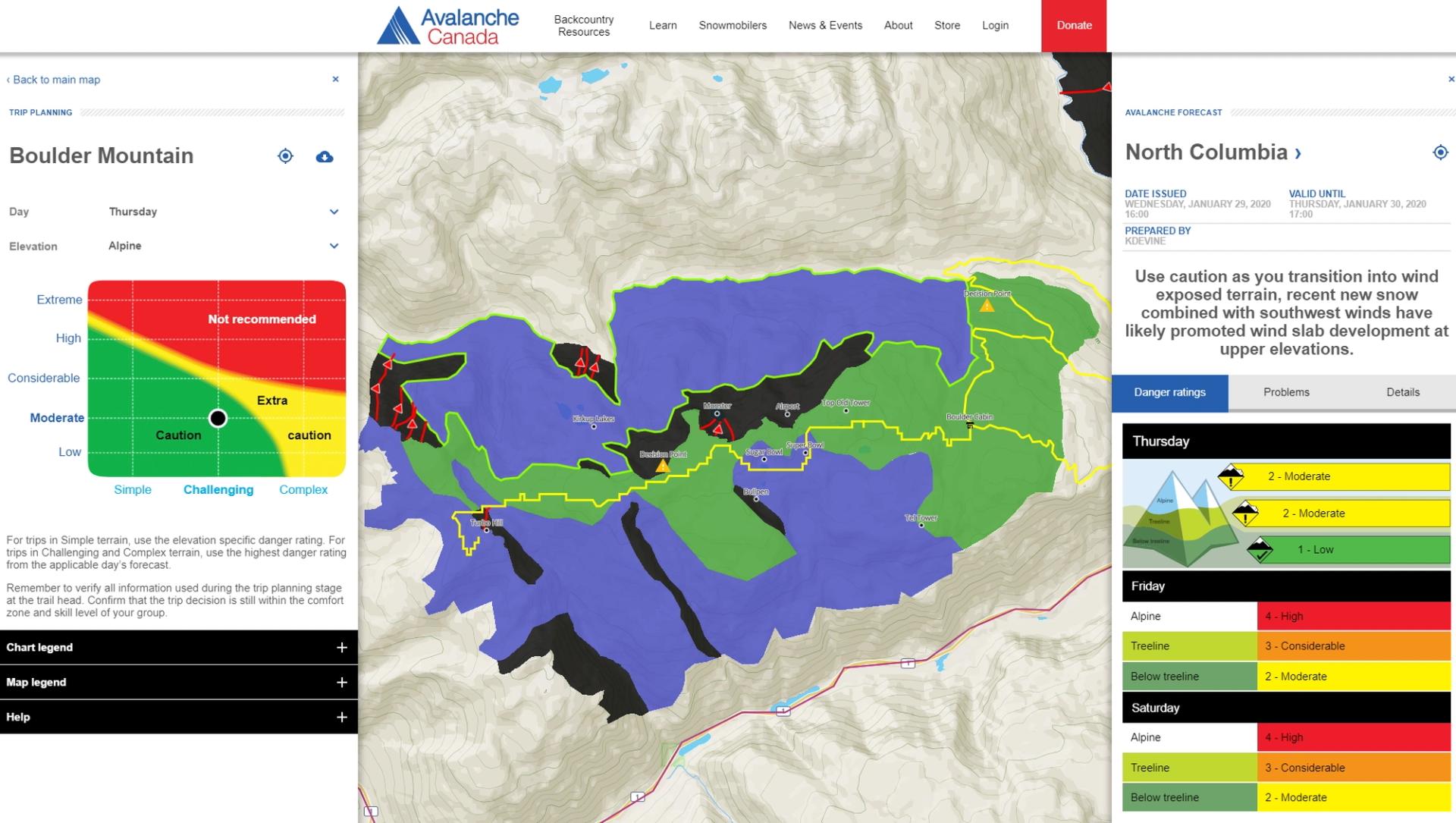 In this example, the Online Trip Planner shows that travelling in simple terrain during moderate hazard requires normal caution.