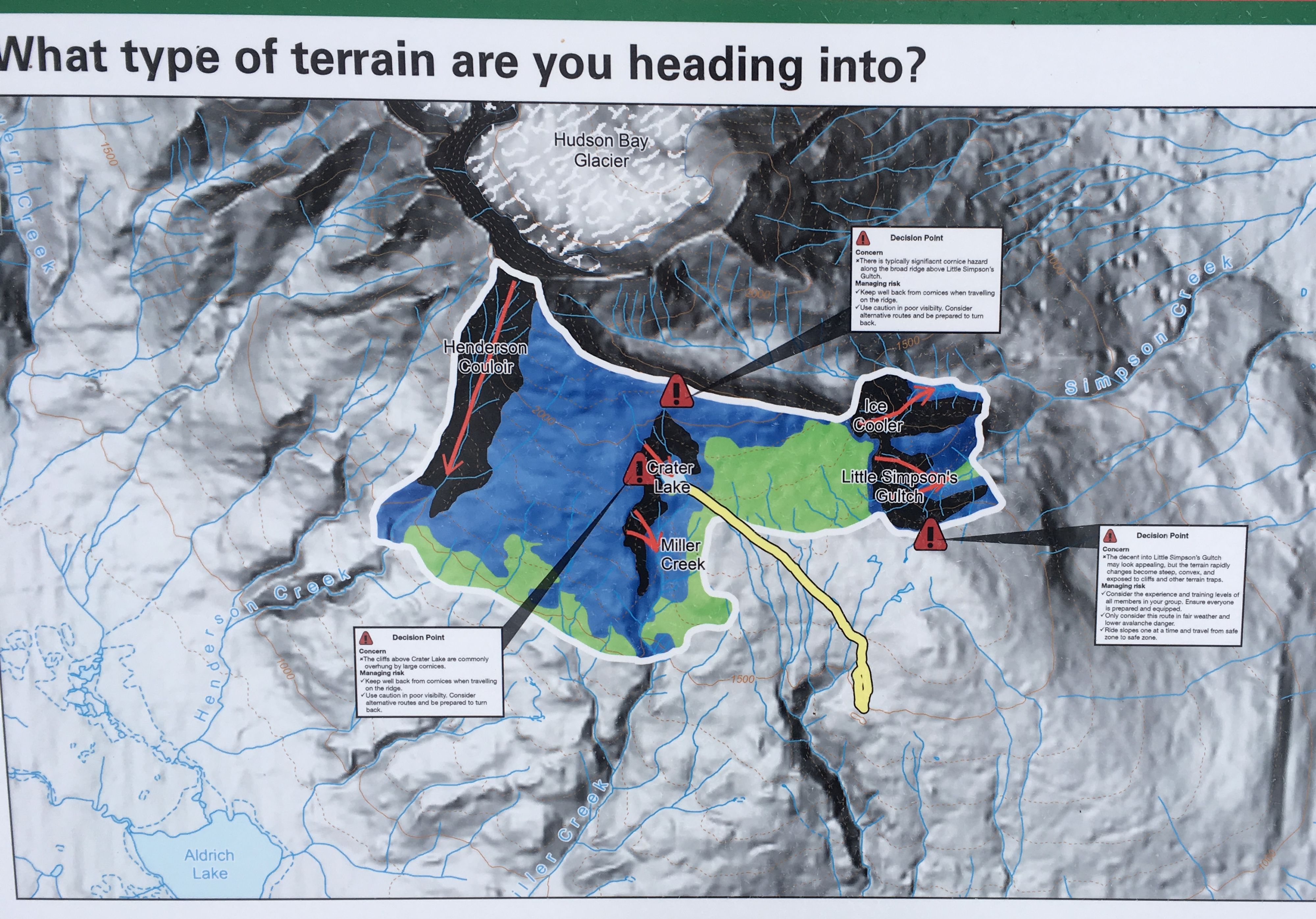 An ATES map shows simple, challenging, and complex terrain, as well as marking major avalanche paths, trails, and key decision points.